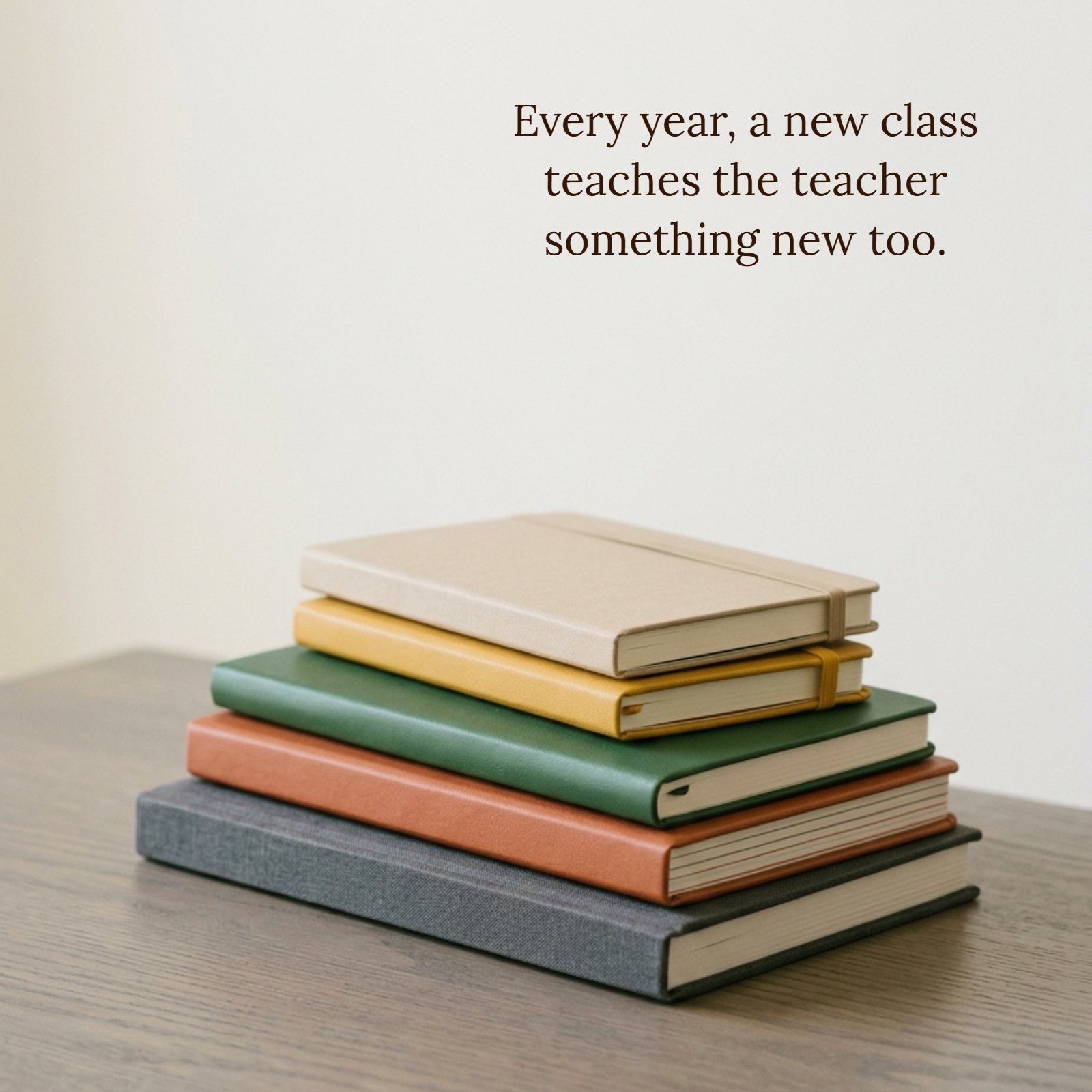 Minimalist 1:1 photograph featuring a stack of five colorful notebooks on a wooden desk. Overlaid is the text quote 'Every year, a new class teaches the teacher something new too.'