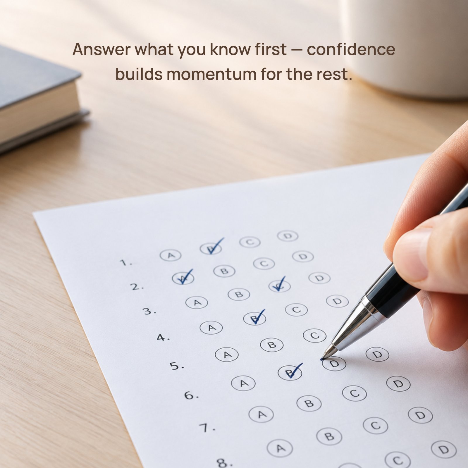 A pen checking answers on a multiple-choice exam sheet with a calm, minimalist study setting, paired with an exam motivation quote about confidence and momentum.