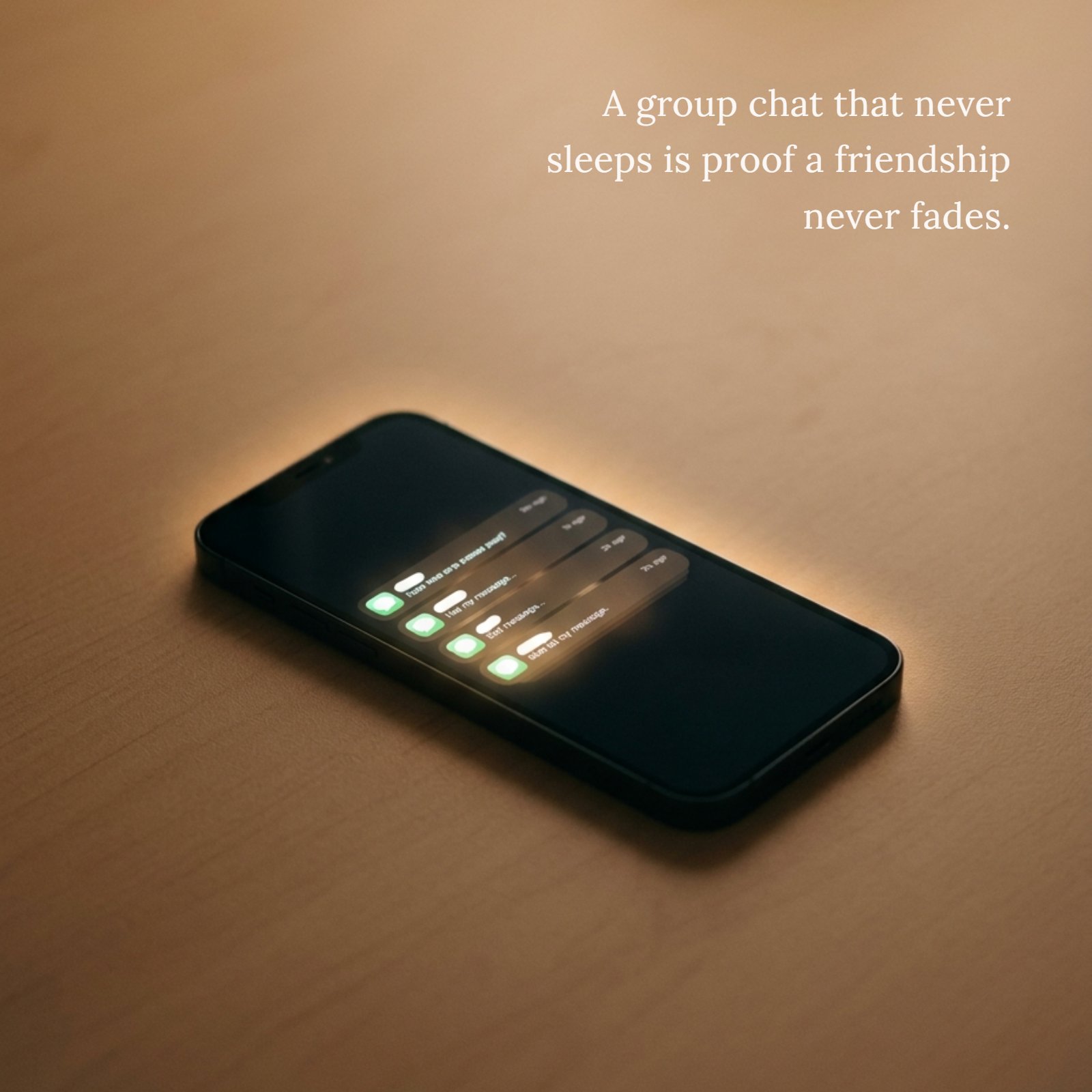 Minimalist photo of a glowing smartphone at night on a wooden table, featuring a quote about friendships that never fade and group chats.