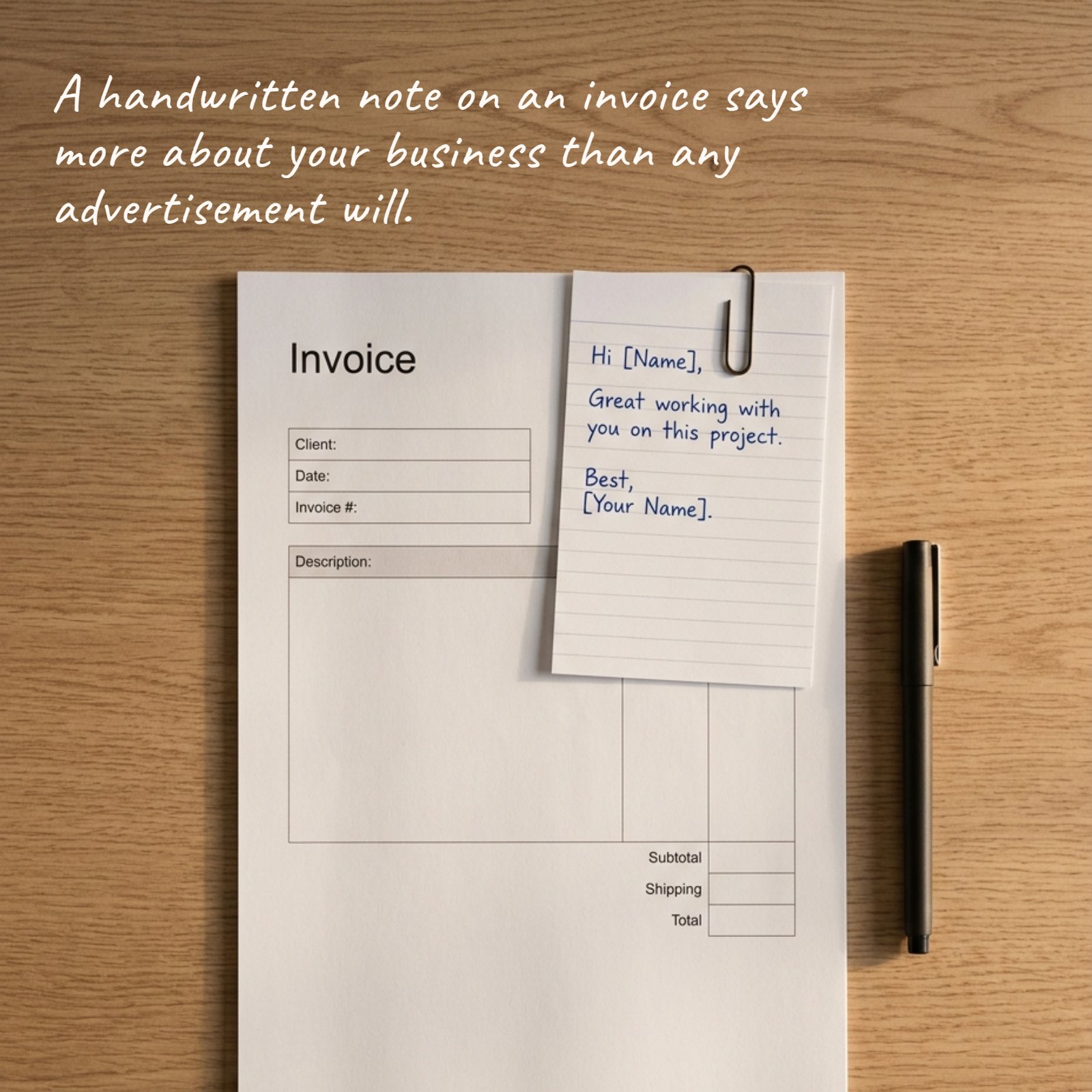 Top-down view of an invoice with a handwritten note clipped to it on a wooden desk.