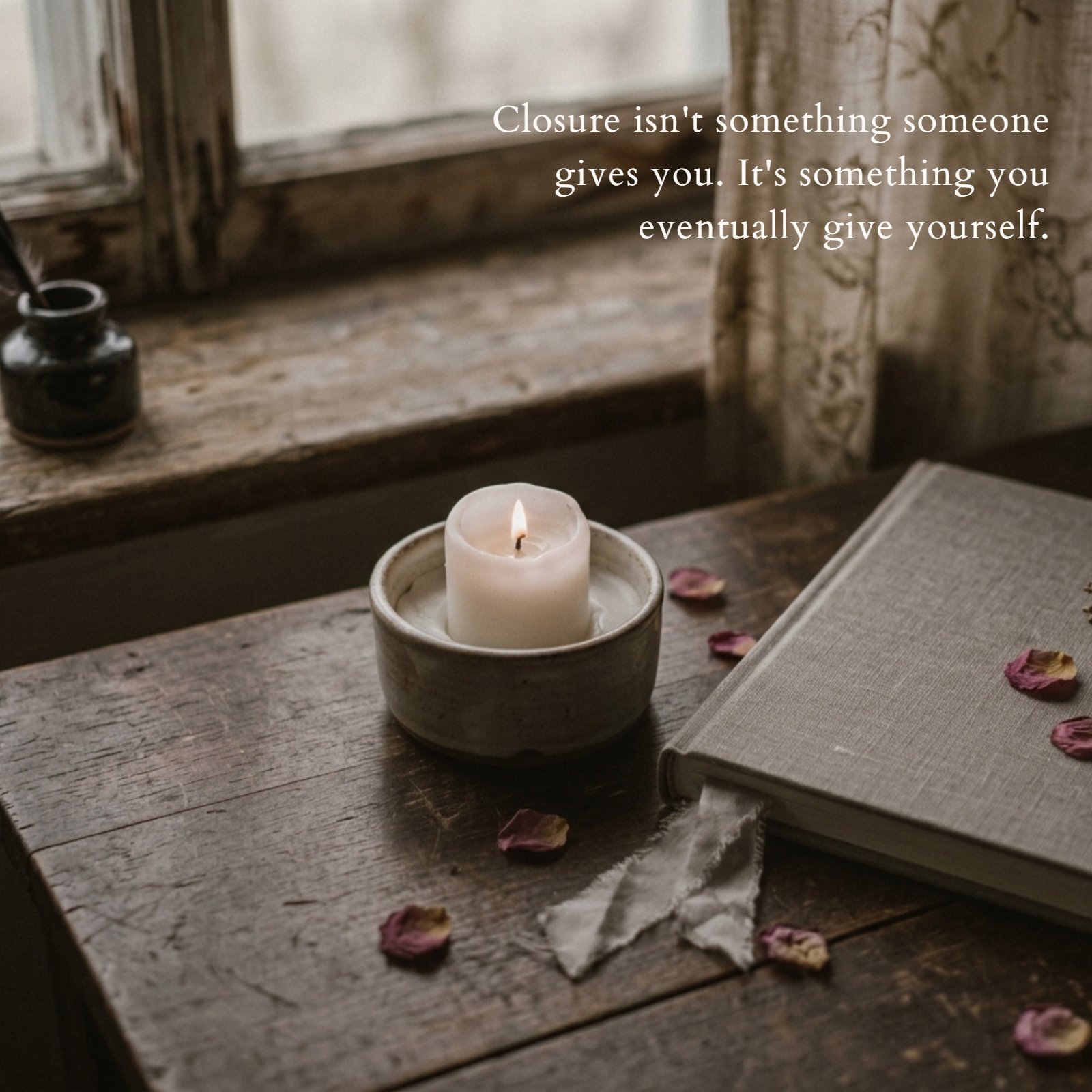 A serene, muted-tone photograph of a burning candle and a closed journal, symbolizing finality, with the overlay text: Closure isn't something someone gives you. It's something you eventually give yourself.