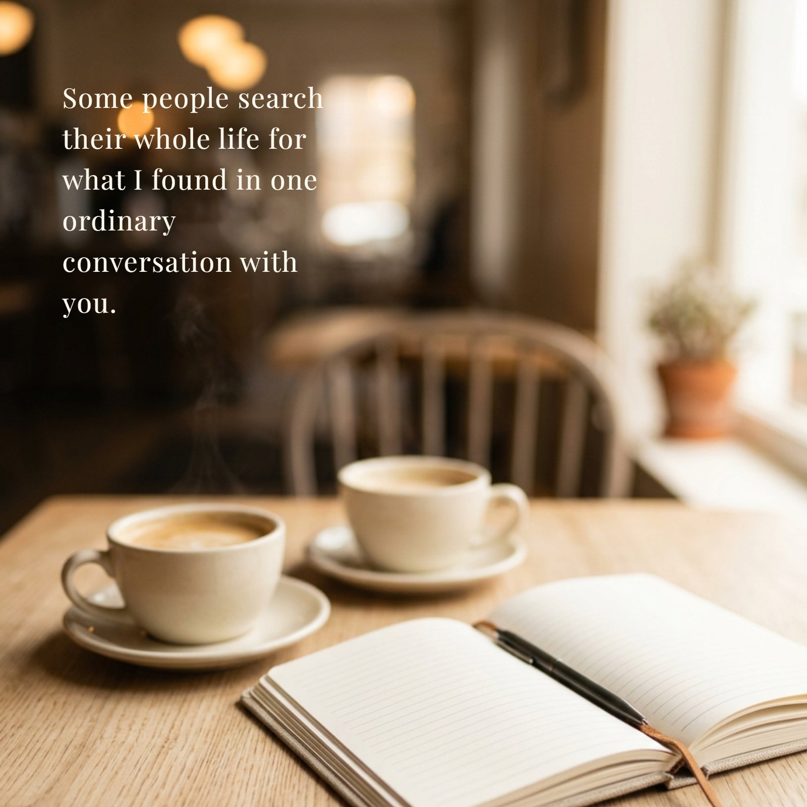 Minimalist 1:1 photo of two coffee cups and an open journal on a wooden café table, bathed in warm soft daylight. Overlay text reads: “Some people search their whole life for what I found in one ordinary conversation with you.”