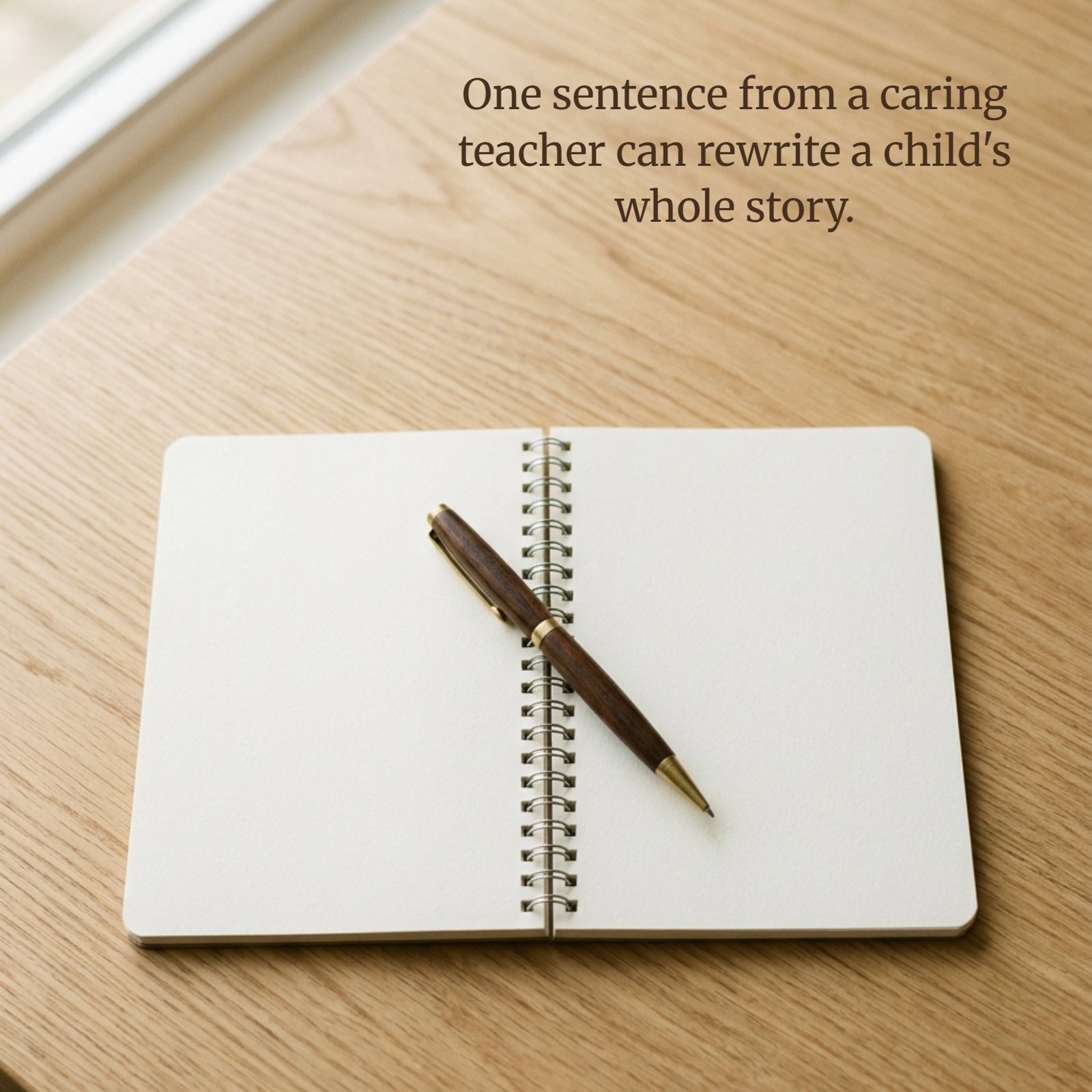 A minimalist photo of an open notebook and pen on a wooden desk. On the left blank page, the text 'One sentence from a caring teacher can rewrite a child's whole story.' is written.