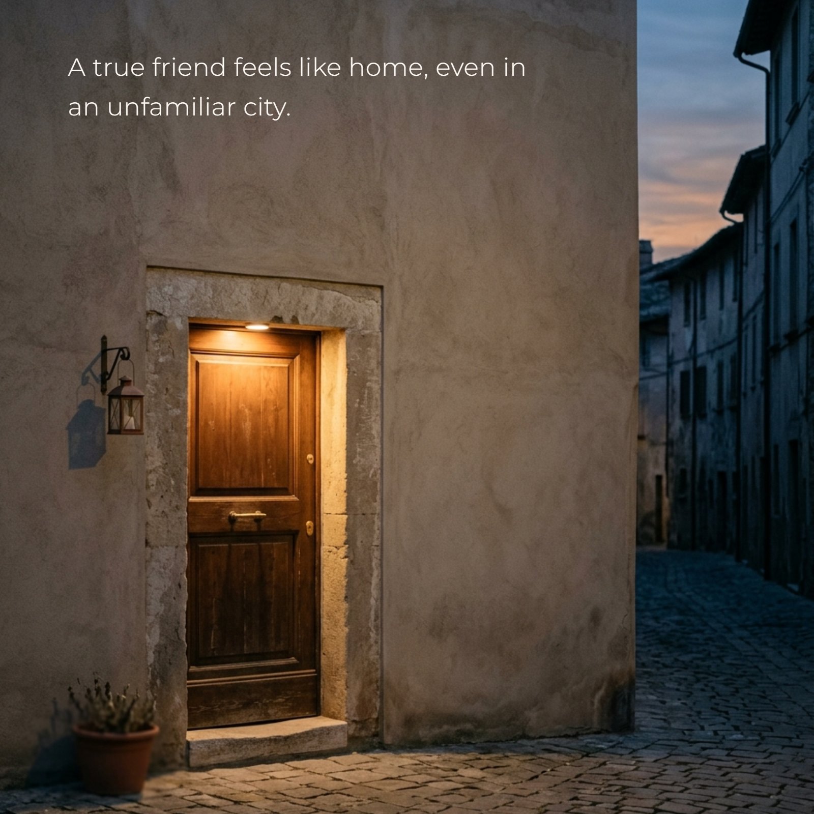 Minimalist 1:1 photograph of a warmly lit doorway on a quiet, unfamiliar cobblestone street at dusk.
