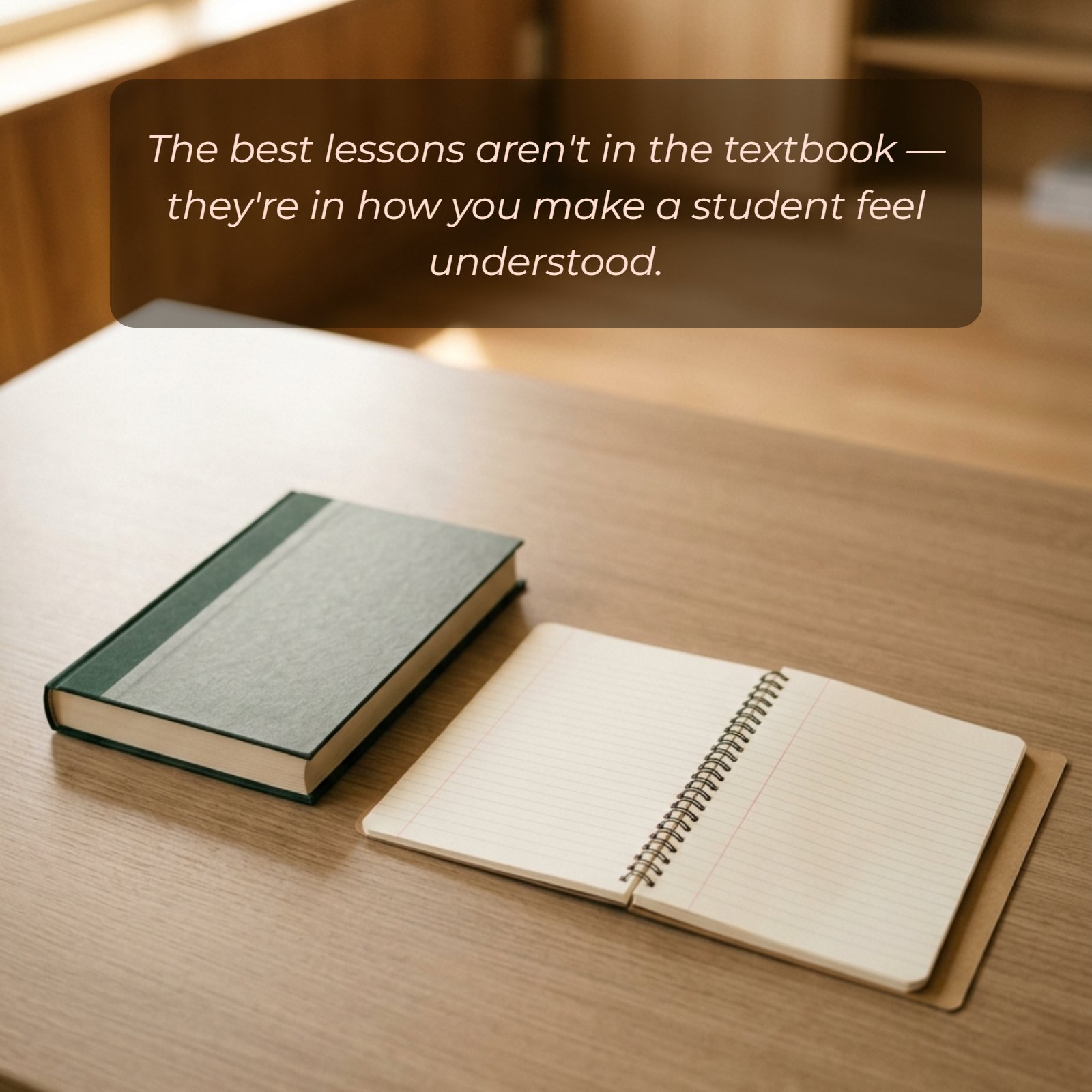 A photo of an open notebook and closed textbook on a wooden desk with warm light and the text “The best lessons aren't in the textbook — they're in how you make a student feel understood.” overlaid.