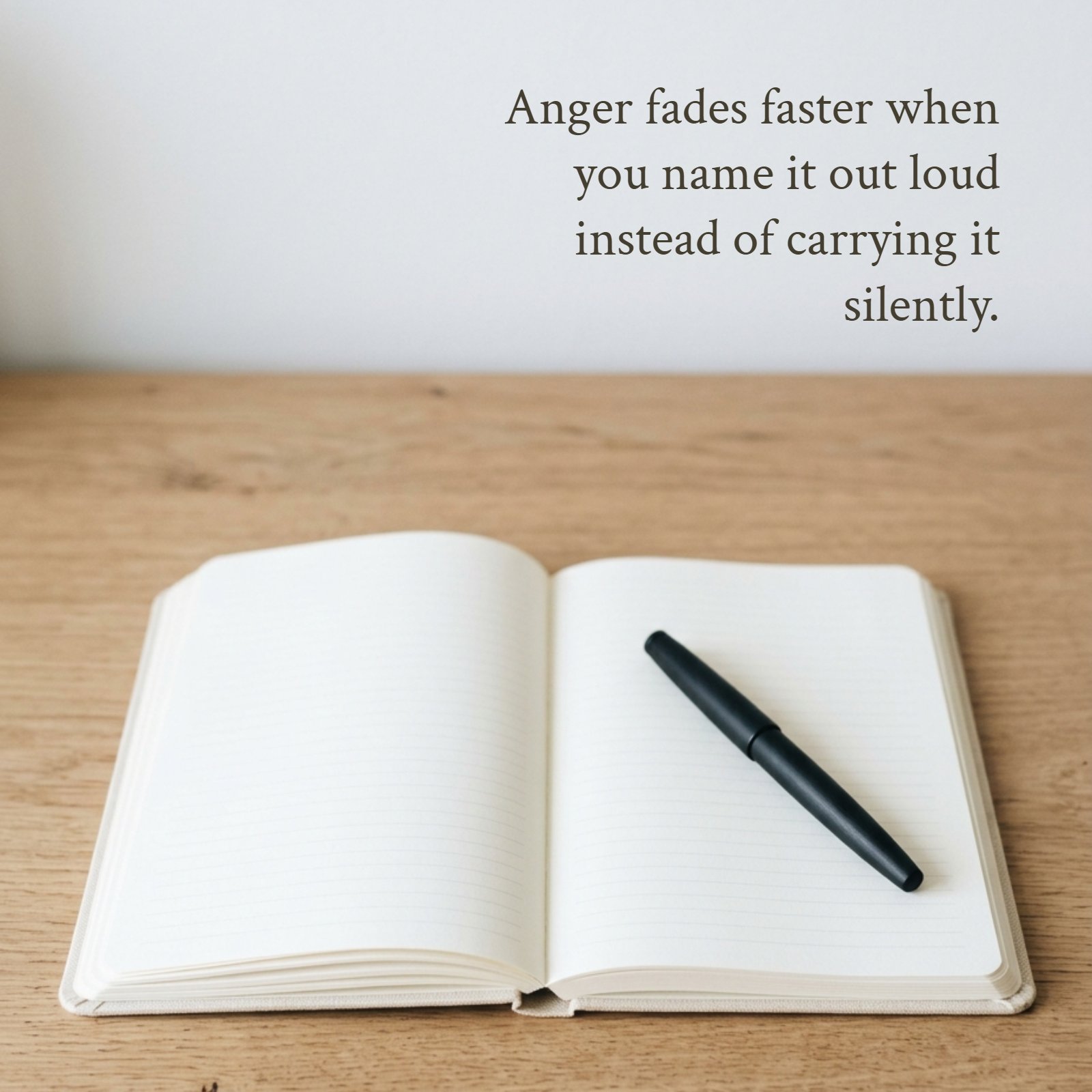 A clean, minimalist photo on a wooden desk showing an open linen journal with blank lined pages. A black pen rests on the right page, 'Anger fades faster when you name it out loud instead of carrying it silently.'