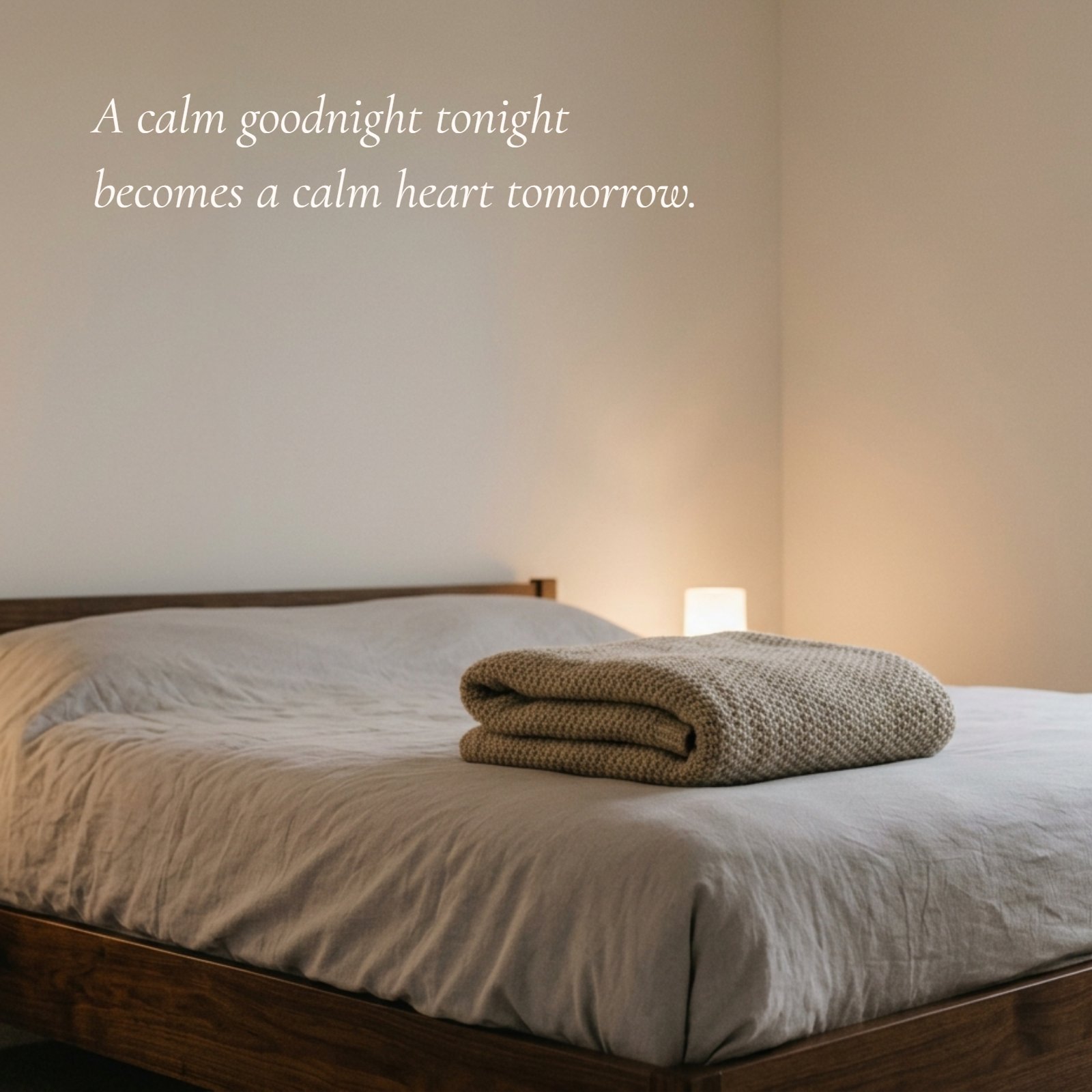 A minimalist photo of a soft folded blanket on a plain bed in warm, dim light, featuring the quote: A calm goodnight tonight becomes a calm heart tomorrow.