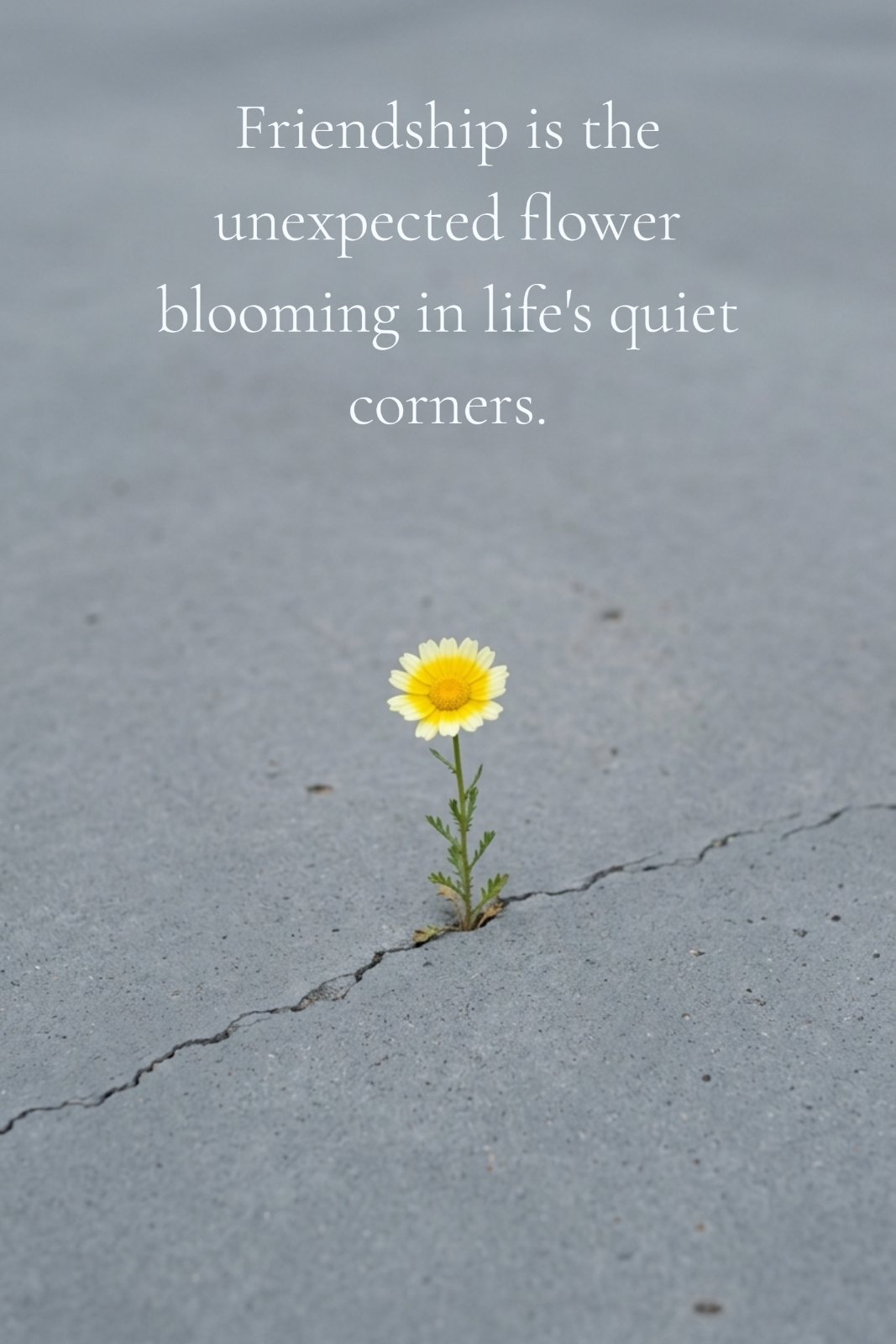 A minimalist scene featuring a single yellow and white daisy blooming from a crack in a smooth, grey concrete surface, with extensive empty space above it for a quote that reads, 'Friendship is the unexpected flower blooming in life's quiet corners.'