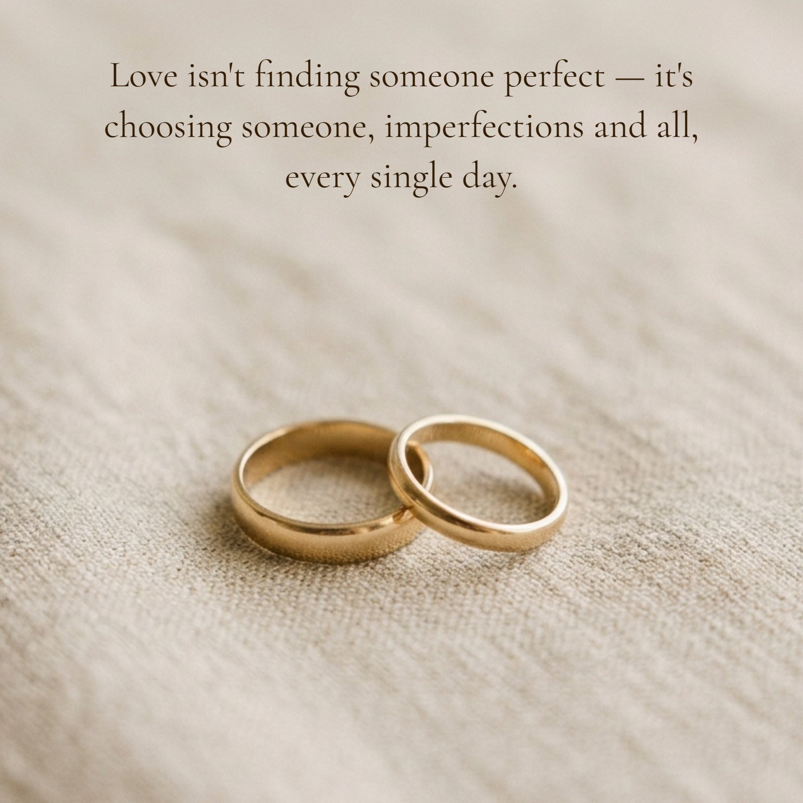 Minimalist 1:1 photo of two gold wedding rings on a soft beige fabric surface with the quote 'Love isn't finding someone perfect — it's choosing someone, imperfections and all, every single day.'