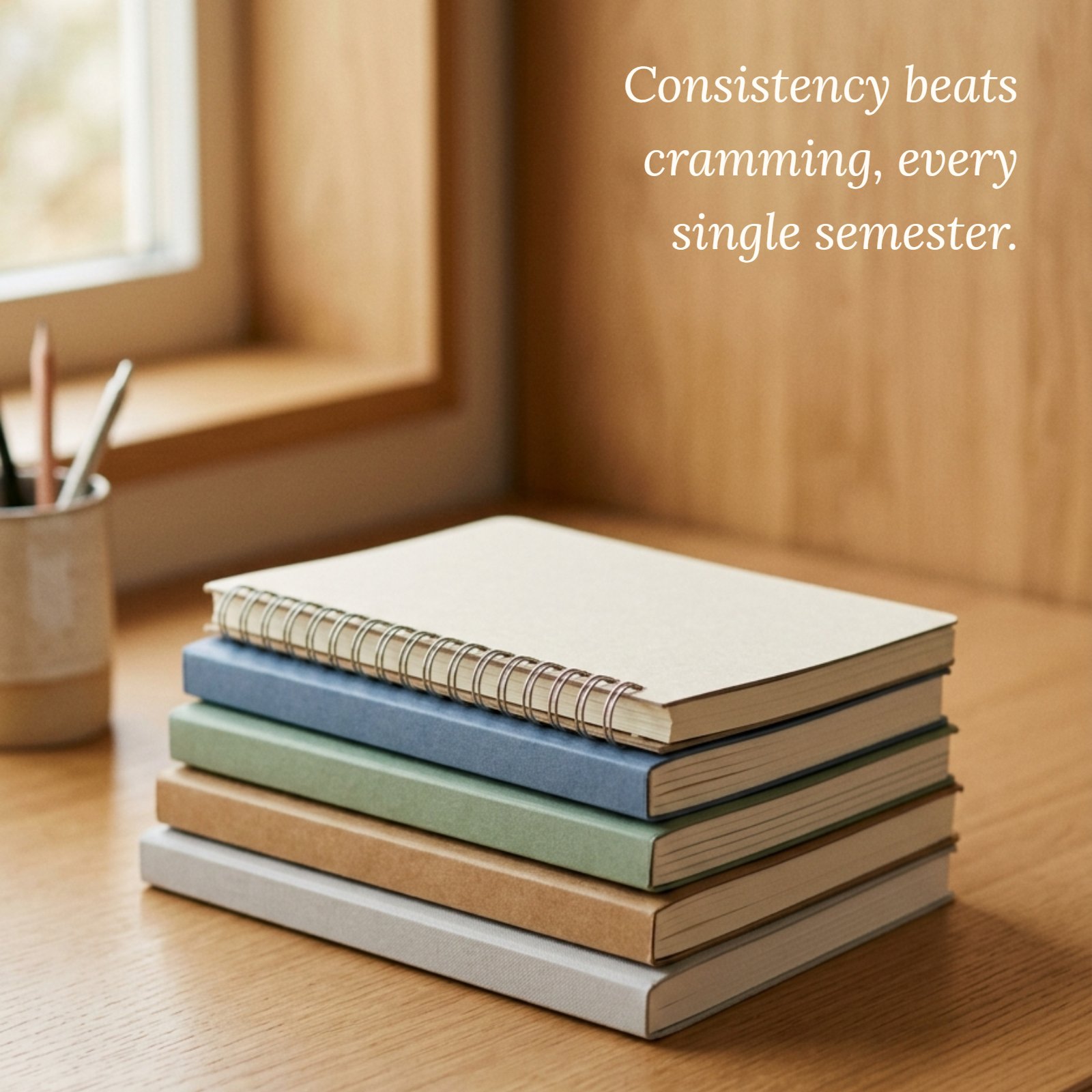 A minimalist photo of a stack of notebooks on a wooden desk next to a window, with text overlay reading "Consistency beats cramming, every single semester."