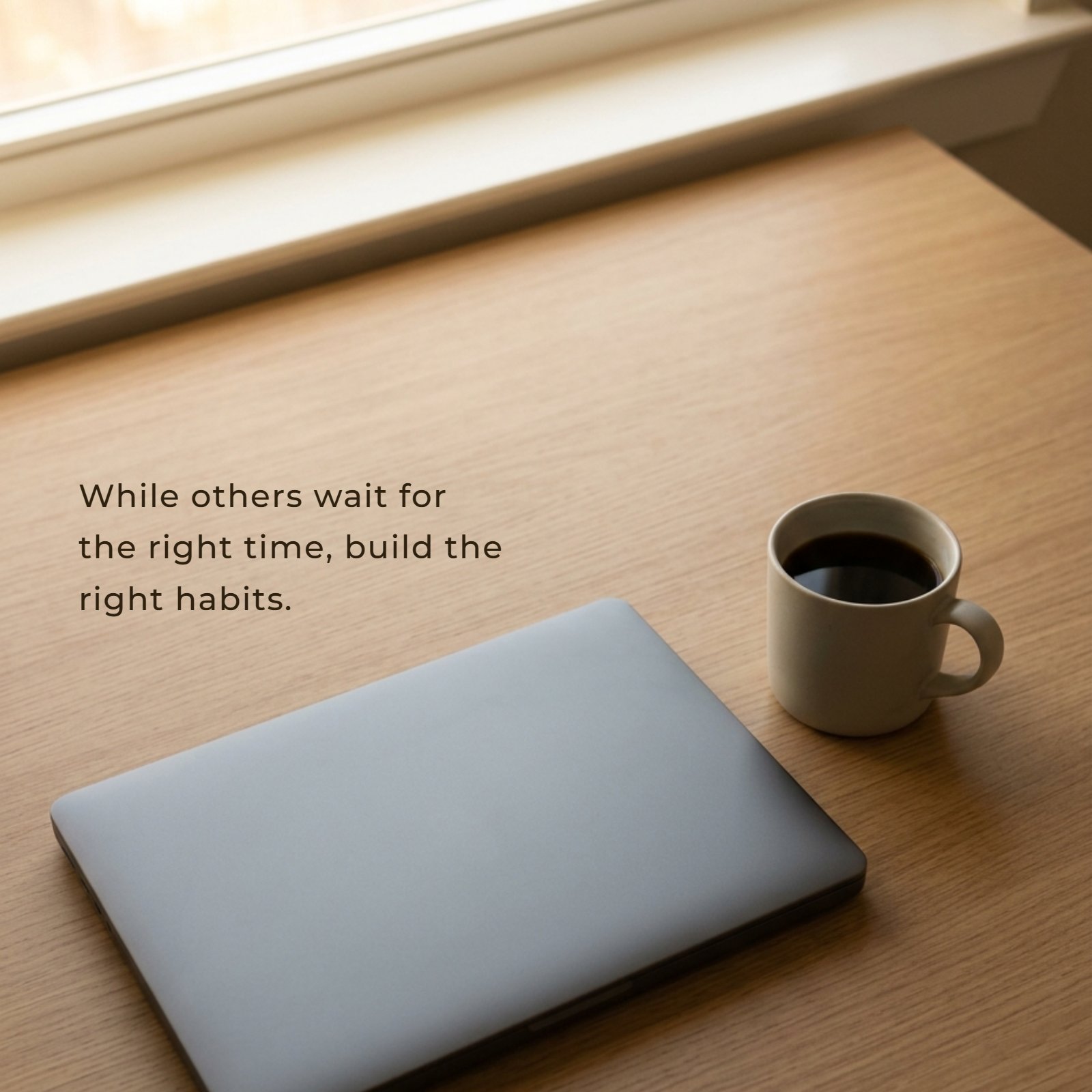 A minimalist desk with a closed laptop and coffee mug, featuring the quote "While others wait for the right time, build the right habits."