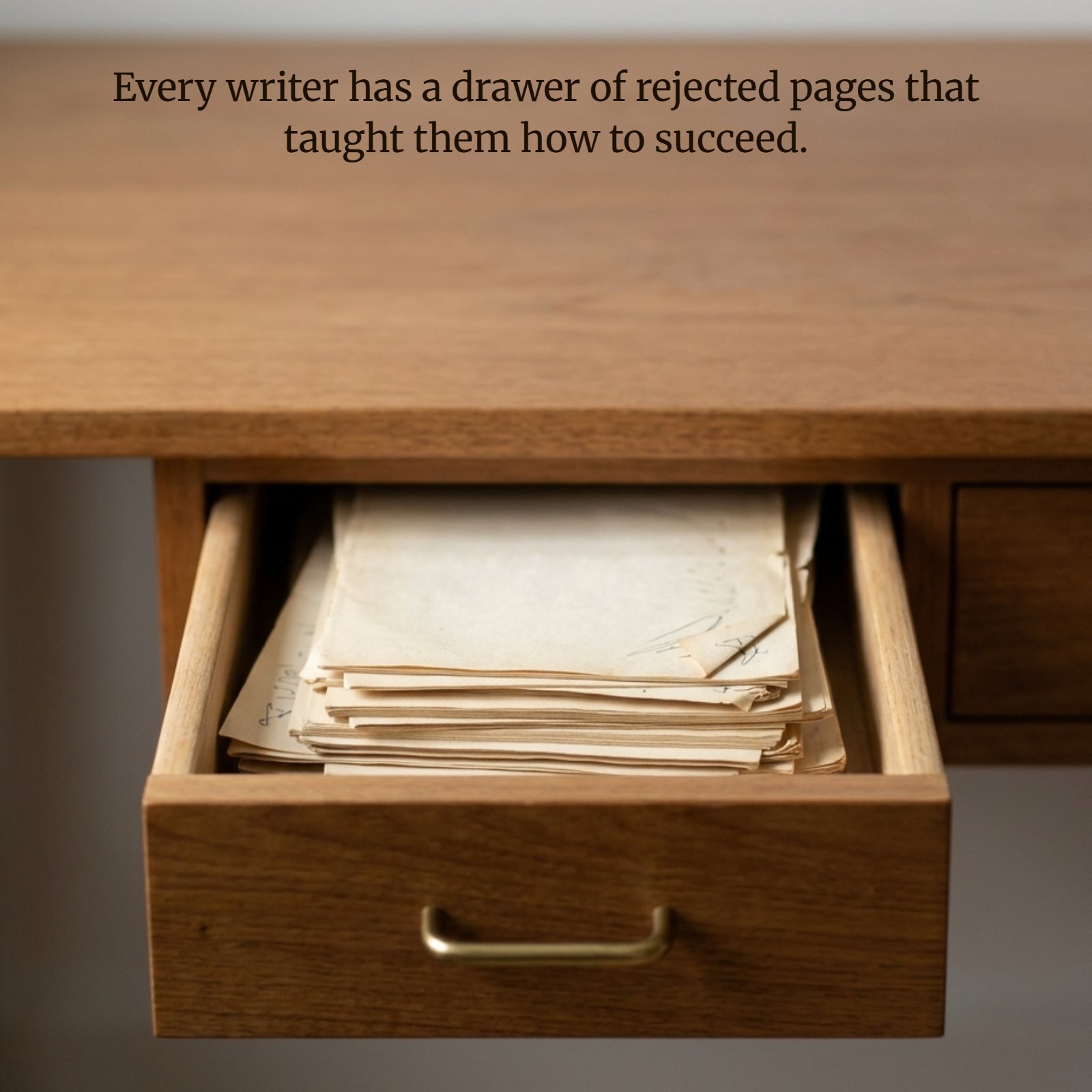 Minimalist 1:1 photograph of an open wooden drawer filled with loose, stacked papers under soft, neutral light. The space represents the 'rejected pages' that teach writers how to succeed, visualizing the quote: “Every writer has a drawer of rejected pages that taught them how to succeed.”