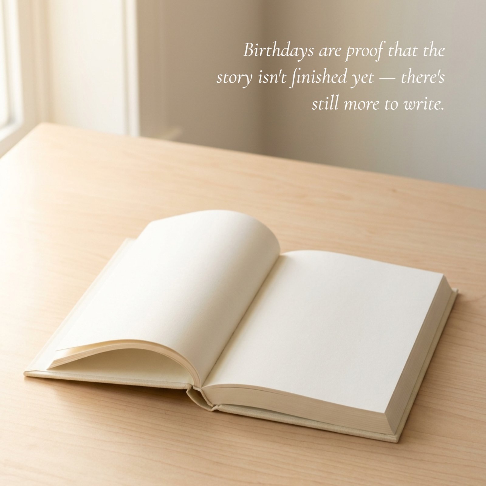 A minimalist photo of a single open blank book on a light wood desk, with the inspirational quote 'Birthdays are proof that the story isn't finished yet — there's still more to write.' overlayed on the blank pages in an elegant serif font.