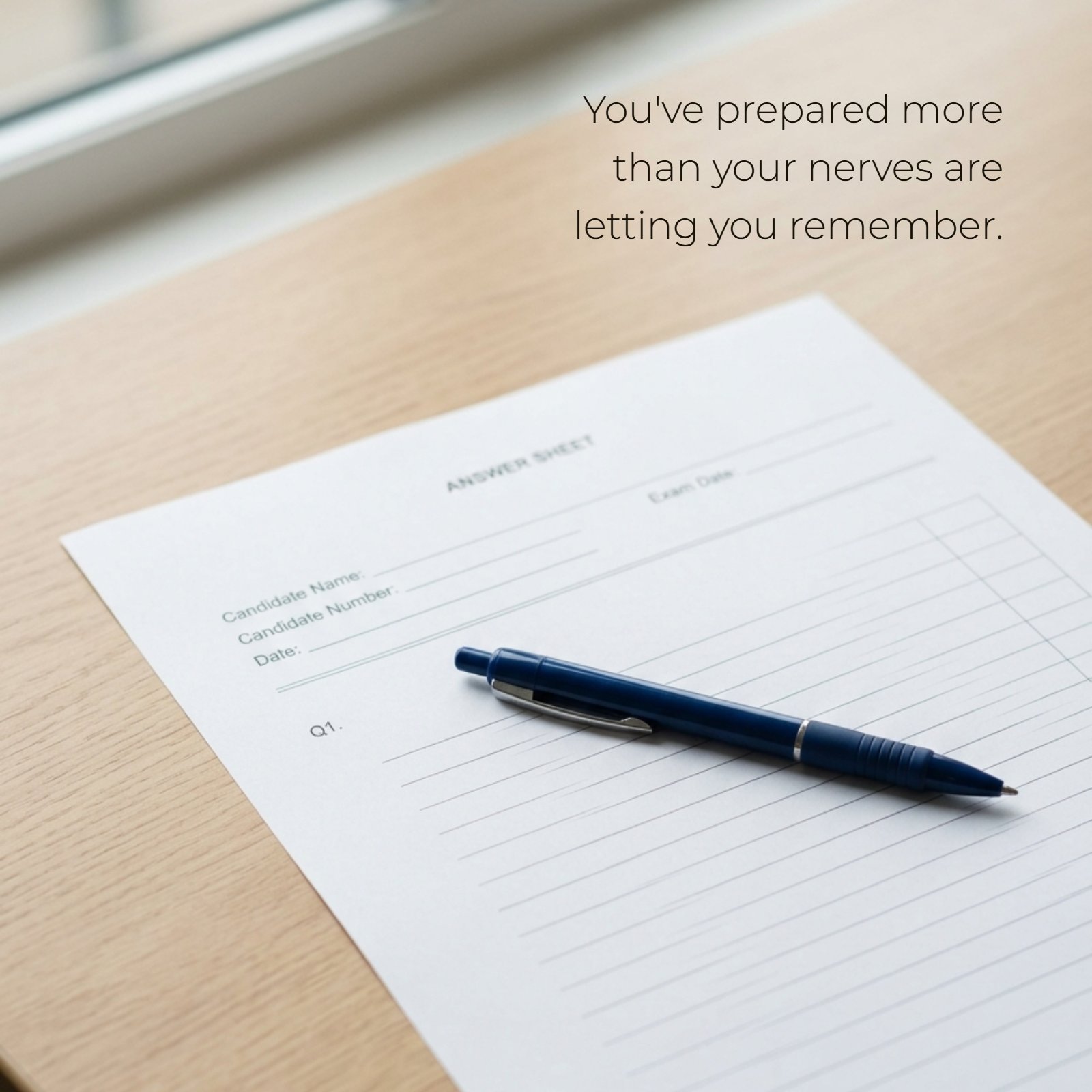 A minimalist photo of a dark blue pen resting on a lined white exam answer sheet on a light wood desk, featuring the text "You've prepared more than your nerves are letting you remember."