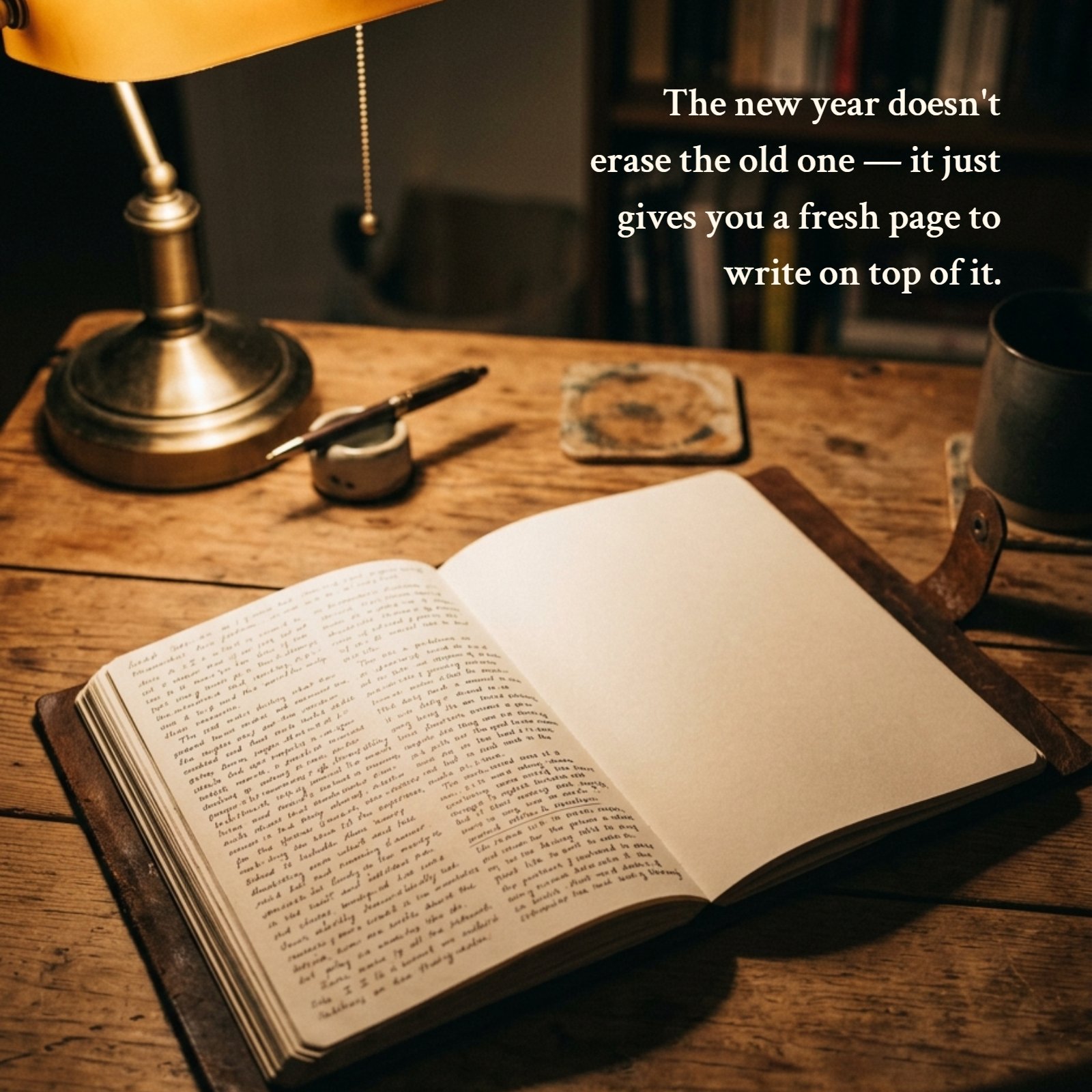 A leather-bound notebook sits open on a wooden desk under the warm glow of a banker's lamp. The left page is filled with handwritten script, representing the past year, while the right page is blank, representing the fresh page of the new year. A fountain pen rests nearby.
