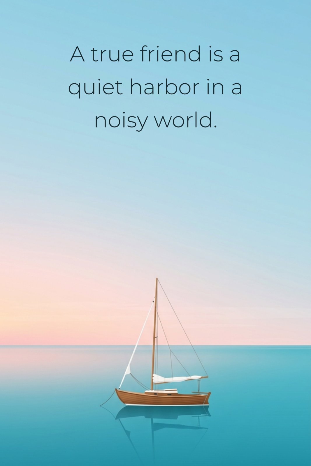 Minimalist vector illustration of a sailboat on a vast turquoise sea, with the friendship quote "A true friend is a quiet harbor in a noisy world." on a pastel morning sky background.