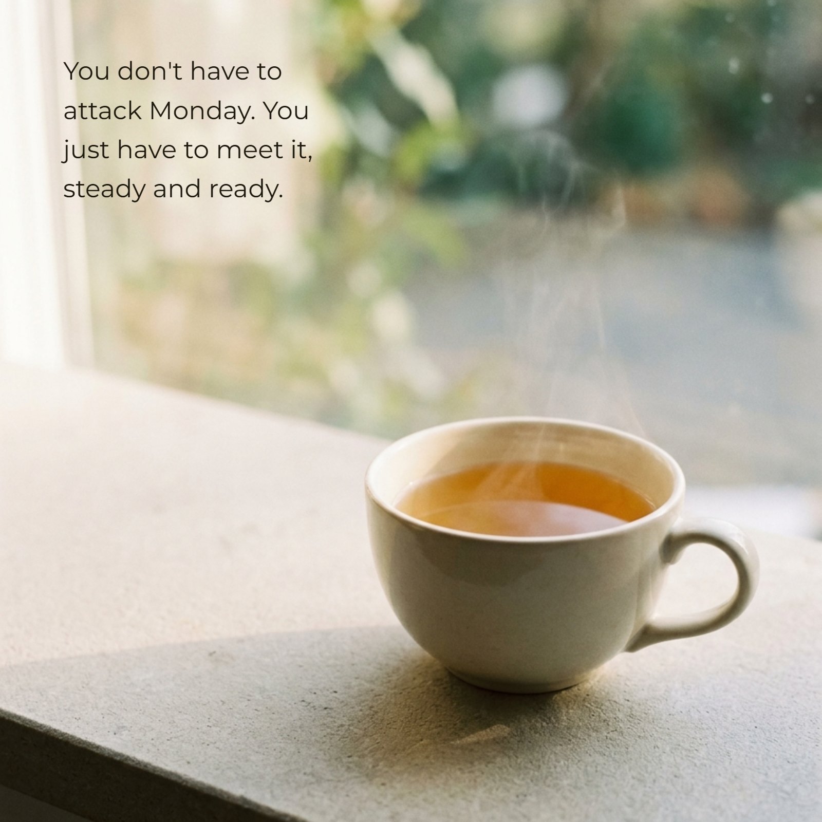A minimalist photograph of a cup of tea on a windowsill in soft morning light, featuring the overlay text "You don't have to attack Monday. You just have to meet it, steady and ready."