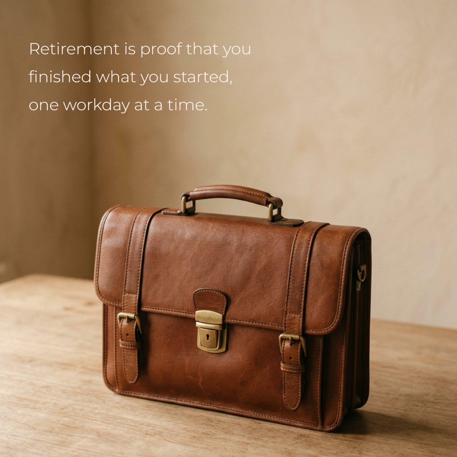 A leather briefcase resting on a wooden table, symbolizing the end of a career, with the text 'Retirement is proof that you finished what you started, one workday at a time' overlaid.
