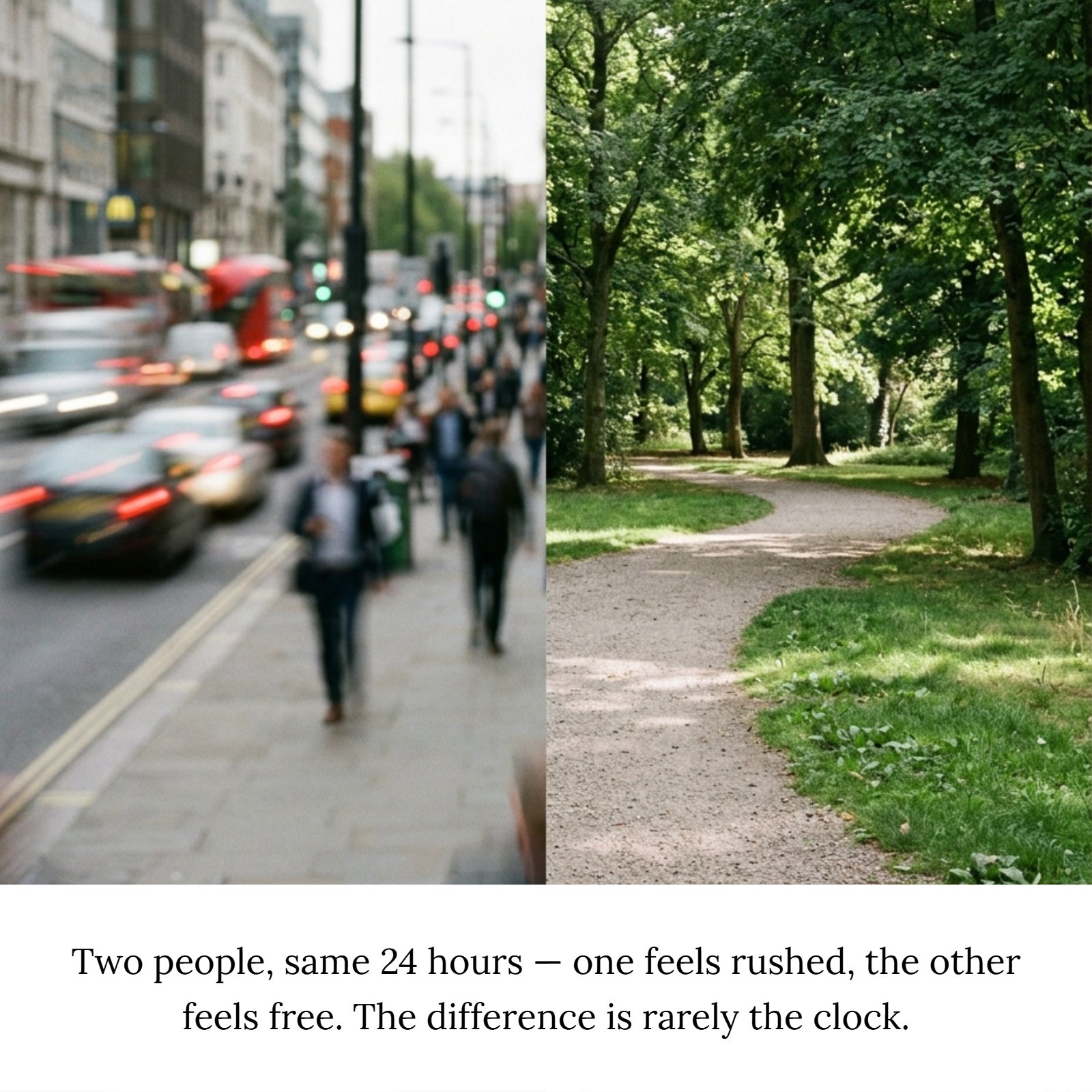 A minimalist split photo illustrating the quote Two people, same 24 hours — one feels rushed, the other feels free. The difference is rarely the clock. On the left is a blurred, busy city street, and on the right is a calm, quiet green park.