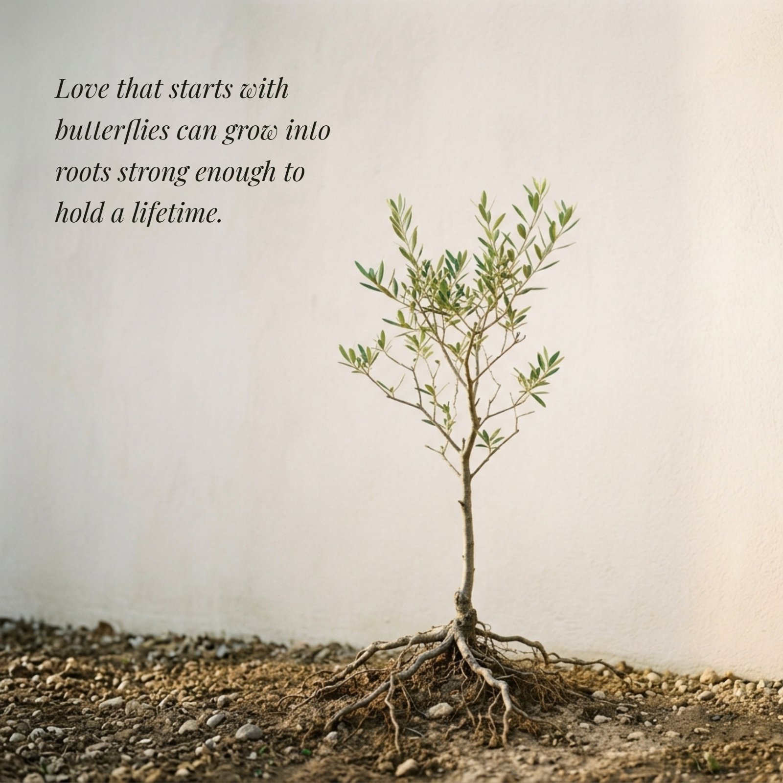 Minimalist photo of a small tree with prominent roots growing by a plain wall, overlaid with the wedding quote "Love that starts with butterflies can grow into roots strong enough to hold a lifetime."