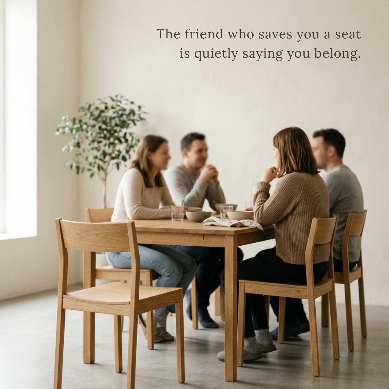A group of four friends is sitting together happily at a minimalist wooden dining table, with one empty chair available. Overlaid on the image is the deep quote: “The friend who saves you a seat is quietly saying you belong.” The scene conveys warmth and a sense of inclusion.