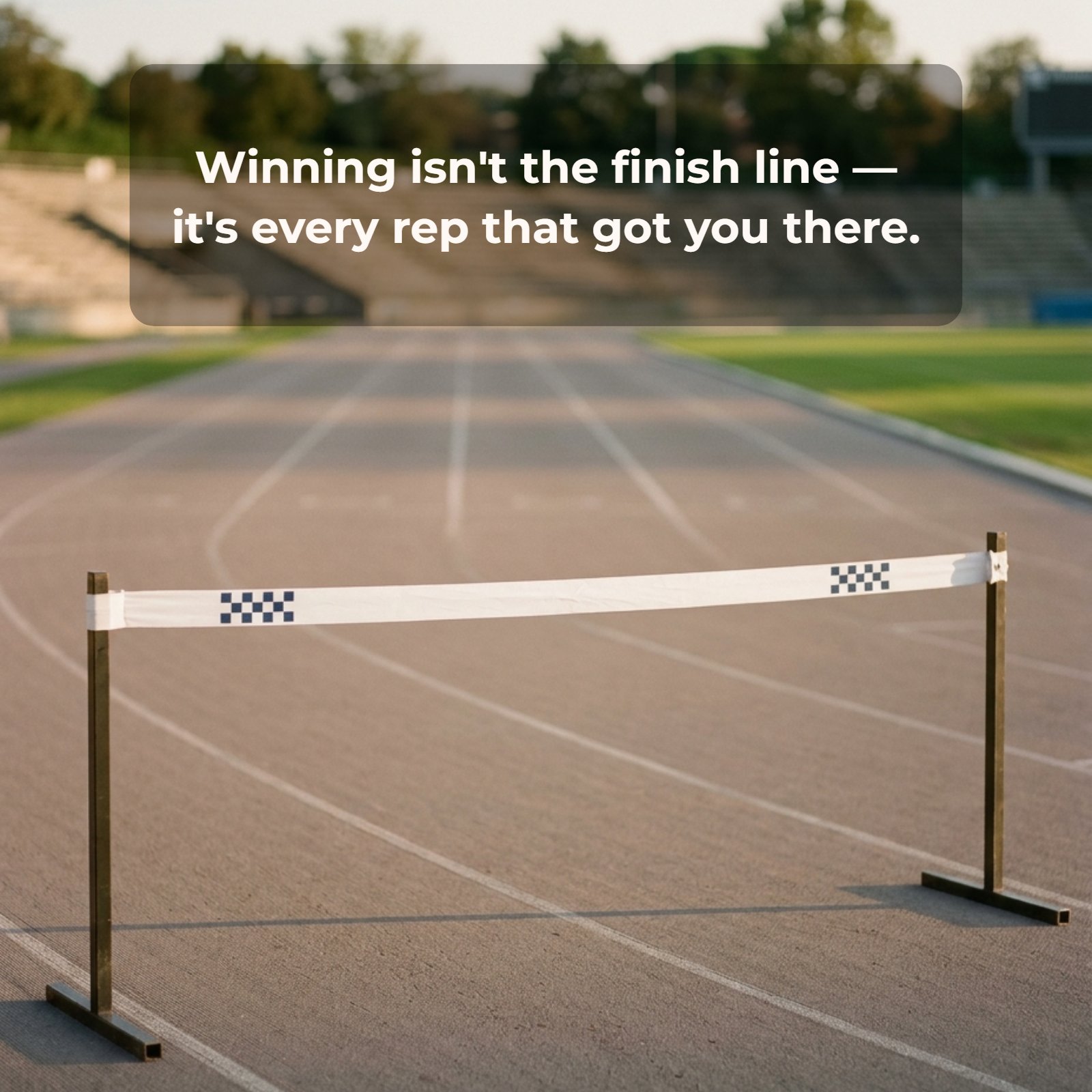 Minimalist vertical photo of a white finish line tape stretched across a running track with a motivational athlete quote overlay.