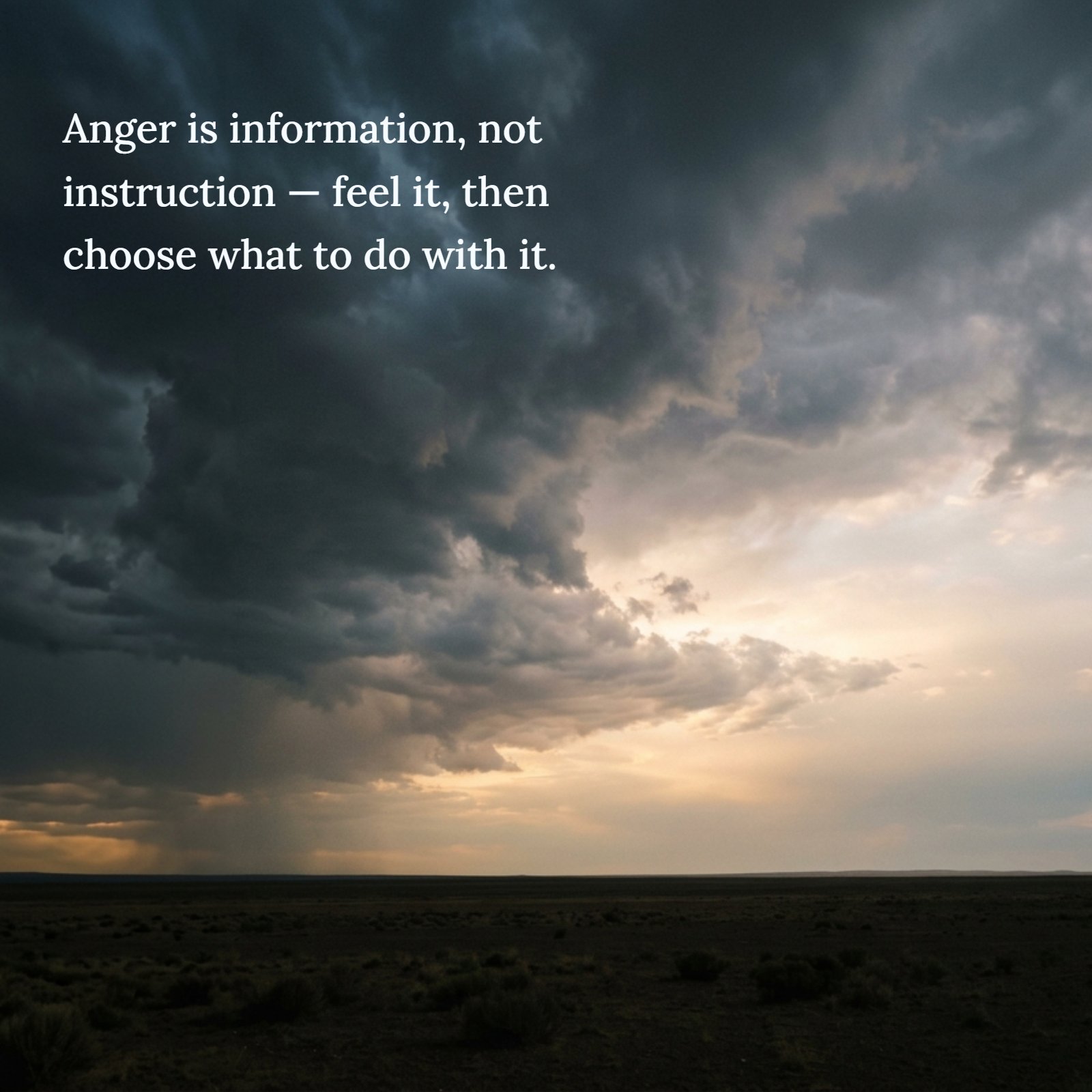 A minimalist vertical photo of a dramatic stormy sky over a plain flat horizon, transitioning from dark, heavy clouds to a bright, breaking sun, illustrating the quote: Anger is information, not instruction — feel it, then choose what to do with it.