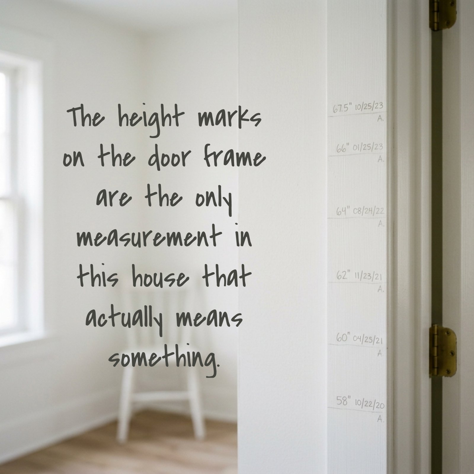 Minimalist 1:1 photograph featuring a plain white door frame with faint pencil growth marks, accompanying a quote for parents: 'The height marks on the door frame are the only measurement in this house that actually means something.'