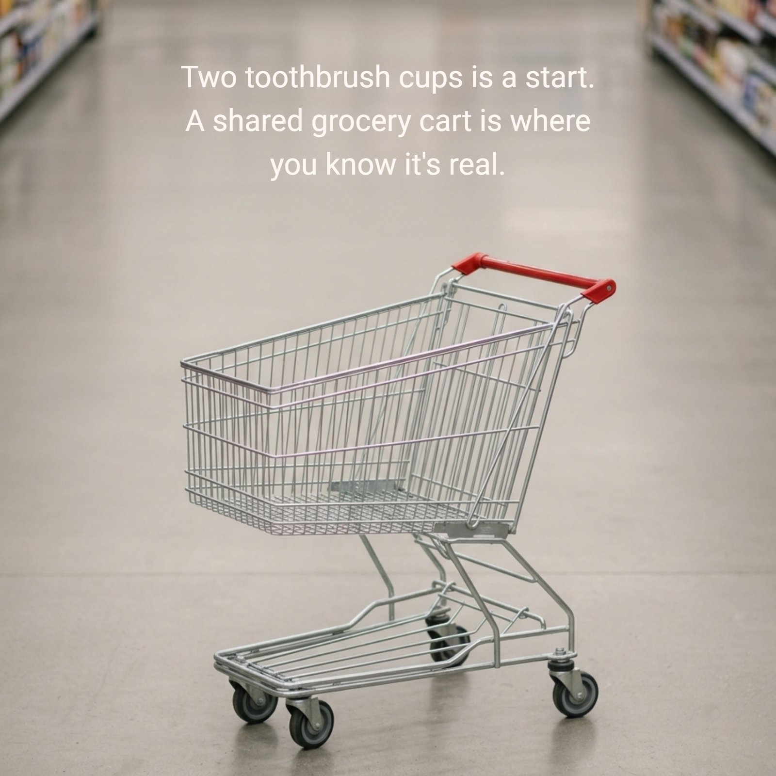 Minimalist 4:5 photograph of an empty metal shopping cart on a gray floor, with the text "Two toothbrush cups is a start. A shared grocery cart is where you know it's real."