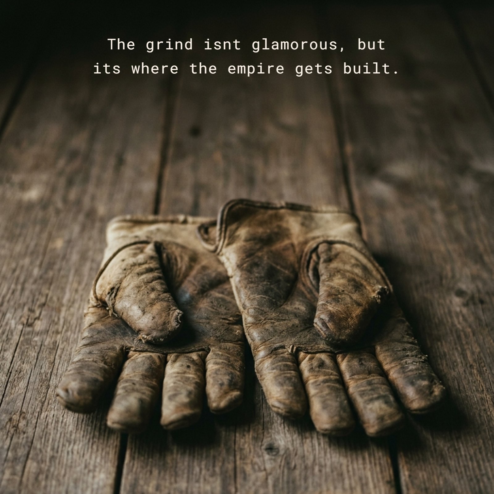 Minimalist photo of worn work gloves on rustic wood with the quote 'The grind isn't glamorous, but it's where the empire gets built.'