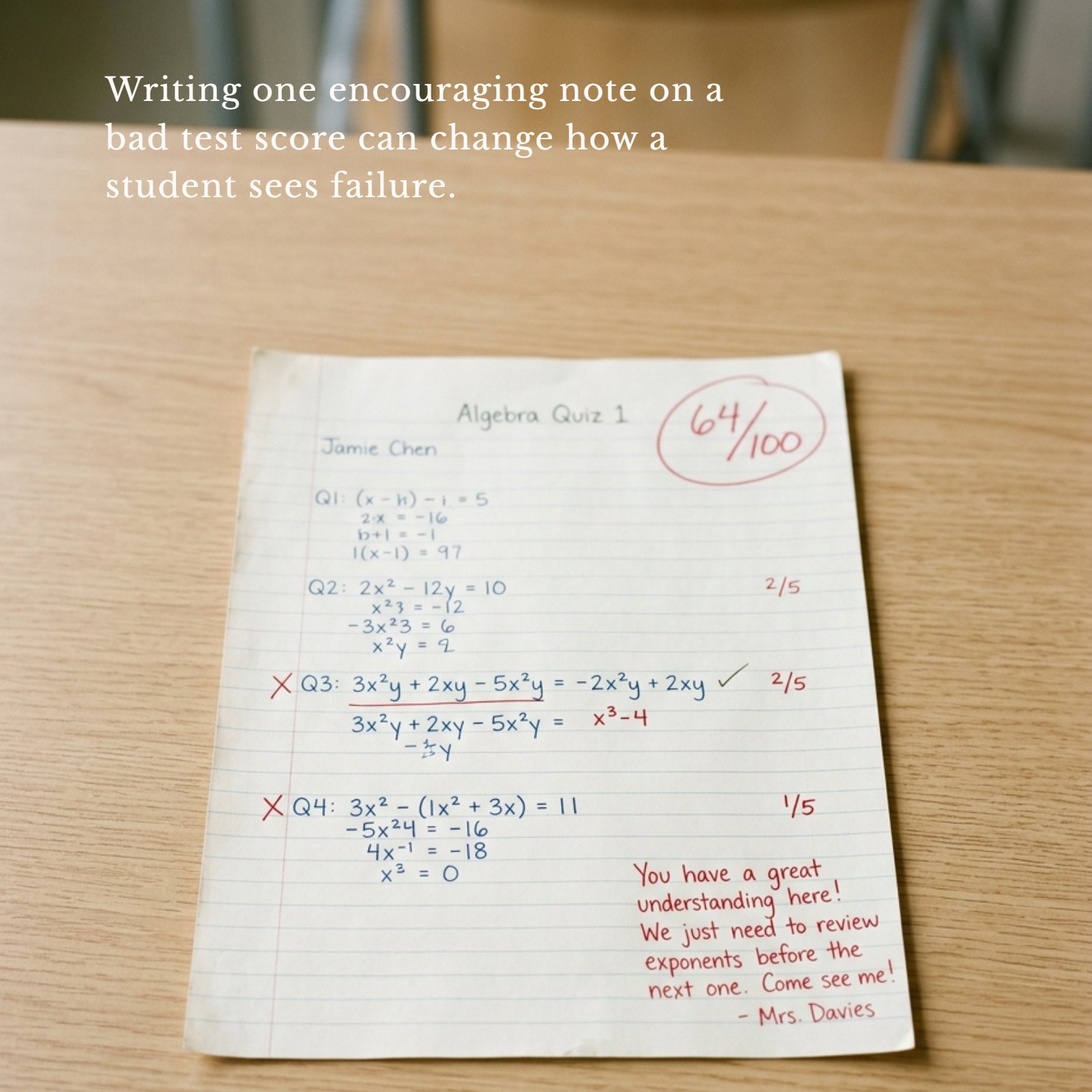 A minimalist photo of a single graded algebra test paper with a low score and a small, handwritten encouraging note from the teacher in the corner, with clean negative space, featuring the quote "Writing one encouraging note on a bad test score can change how a student sees failure."