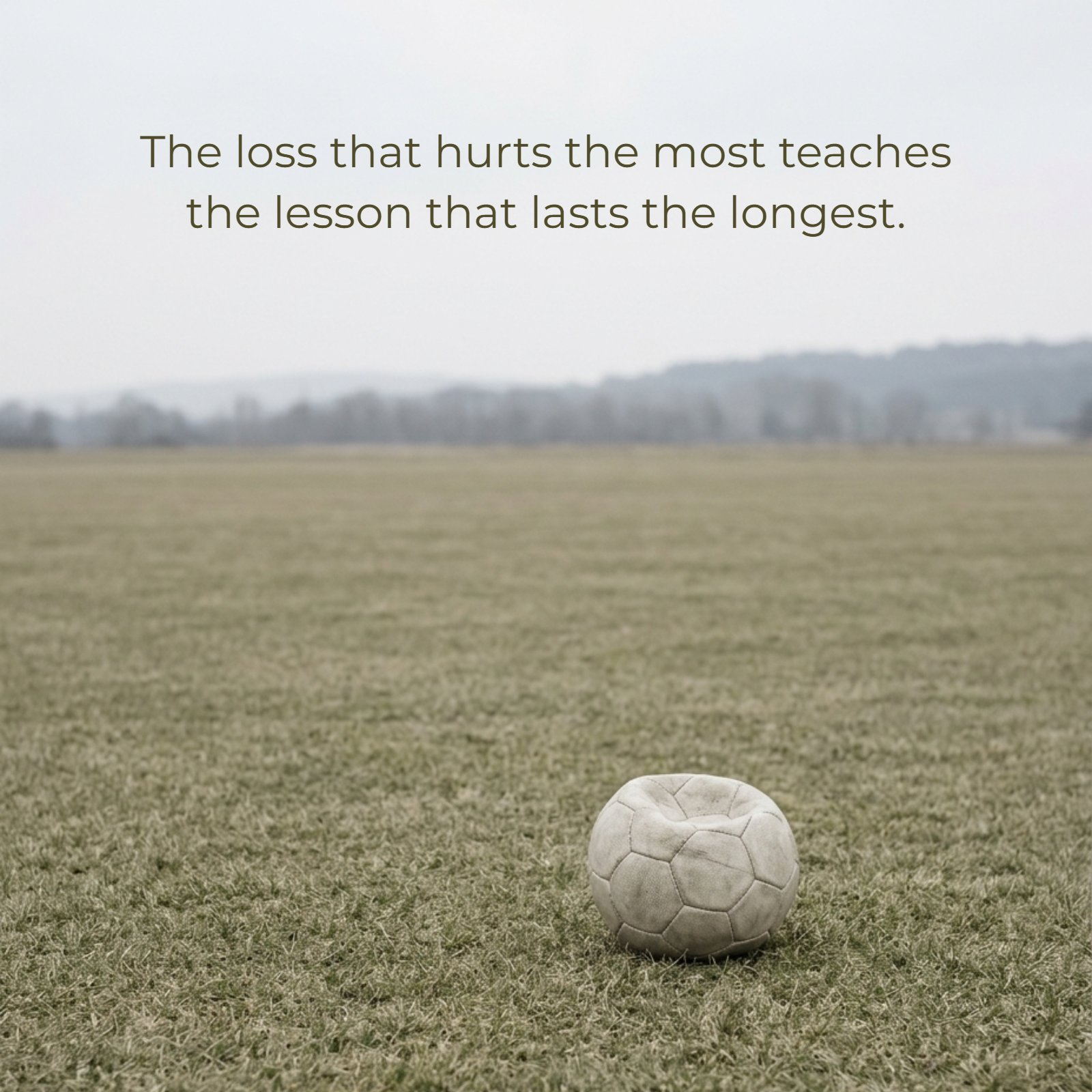 A minimalist photo of a single deflated sports ball resting alone on an empty field under soft light, accompanied by the text of the quote: The loss that hurts the most teaches the lesson that lasts the longest.