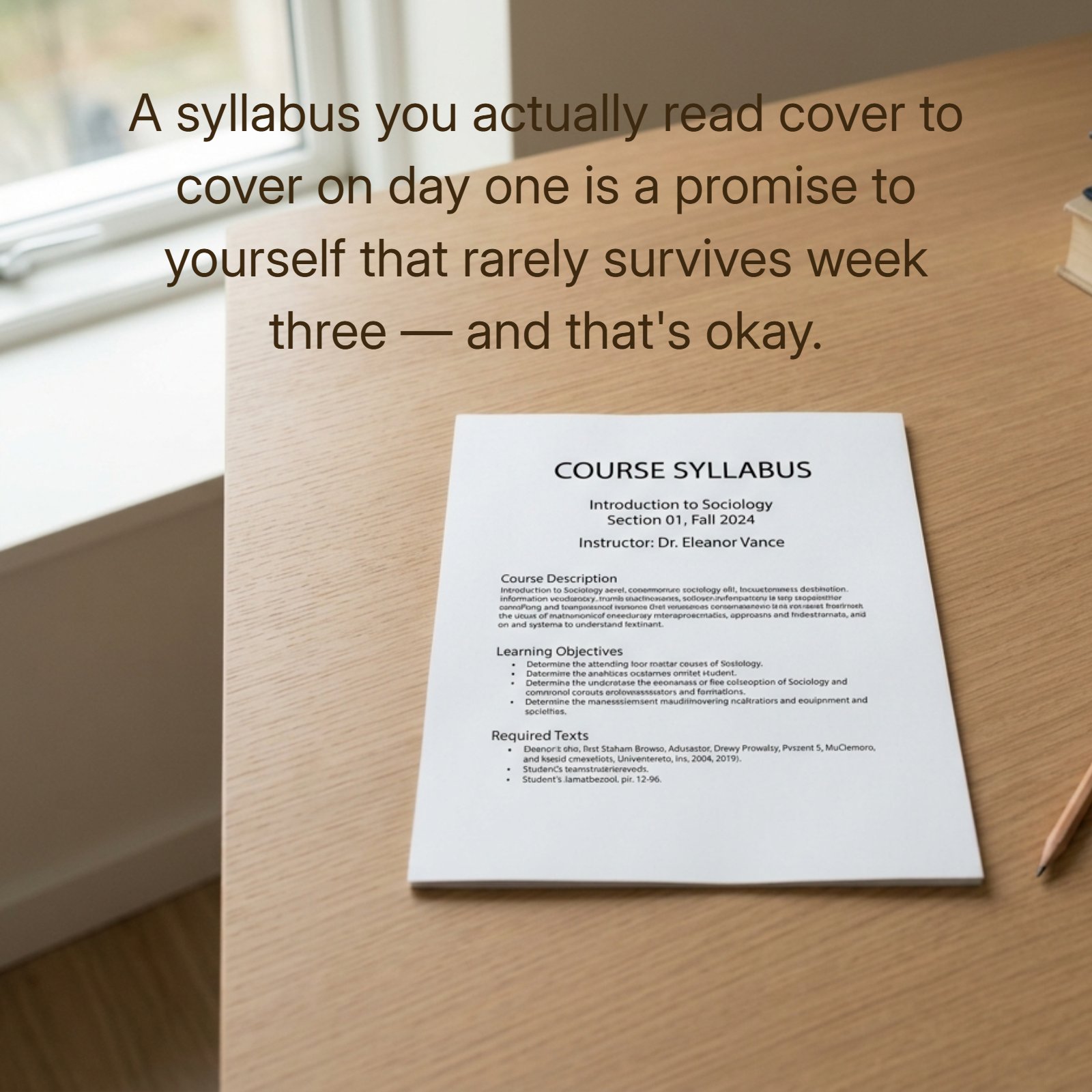 Minimalist photo of a course syllabus on a wooden desk featuring the student quote, "A syllabus you actually read cover to cover on day one is a promise to yourself that rarely survives week three — and that's okay."