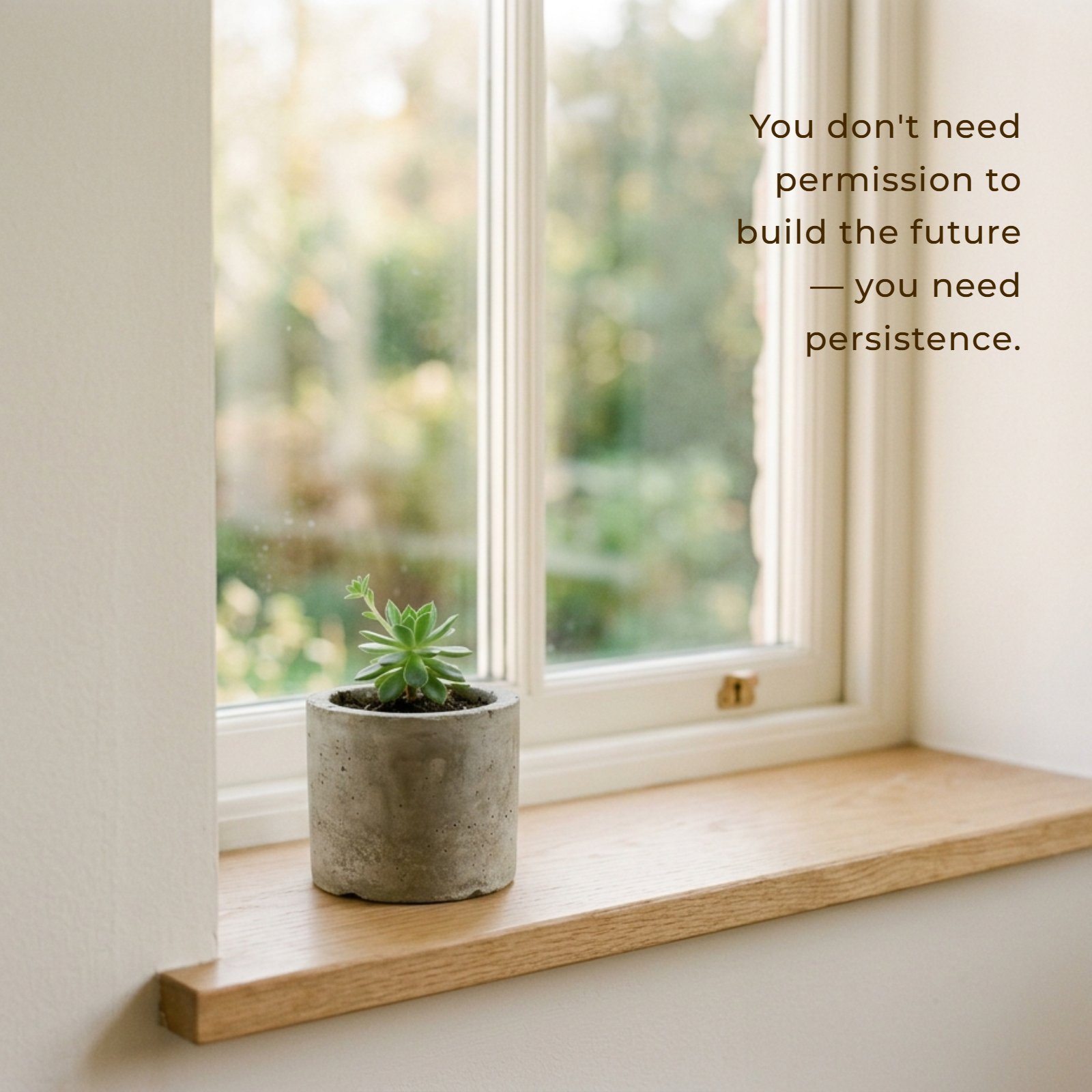 Minimalist plant in a concrete pot on a wooden windowsill next to a window with soft warm light, with the quote You don't need permission to build the future — you need persistence overlaid.