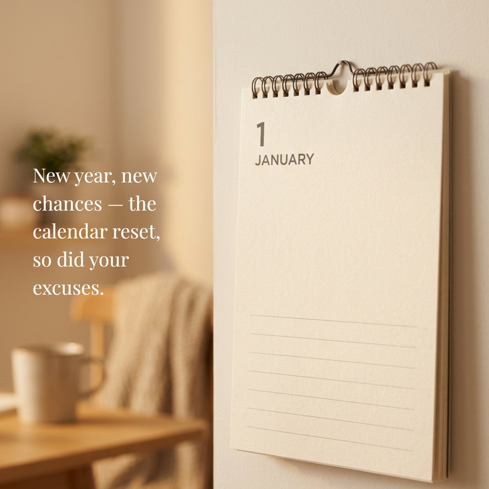 A minimalist wall calendar page open to January 1st, featuring lines for writing and the quote: "New year, new chances — the calendar reset, so did your excuses."