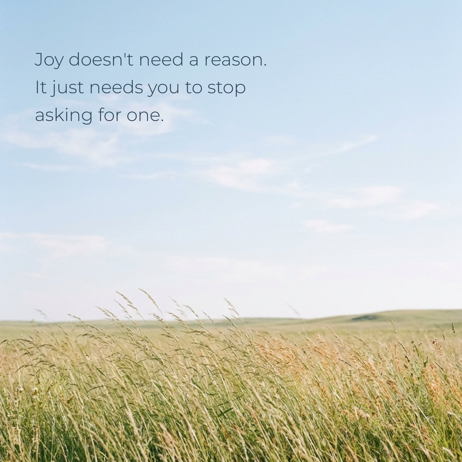 An image of tall grass swaying on a green plain under a soft blue sky with light clouds, with the text: Joy doesn't need a reason. It just needs you to stop asking for one.