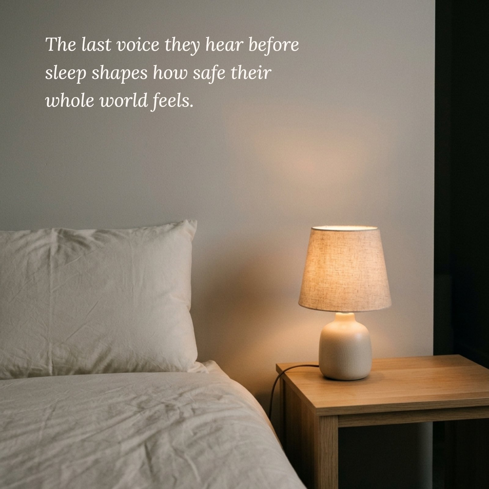 A minimalist photo of a softly glowing bedside lamp and an empty pillow with the quote: The last voice they hear before sleep shapes how safe their whole world feels.