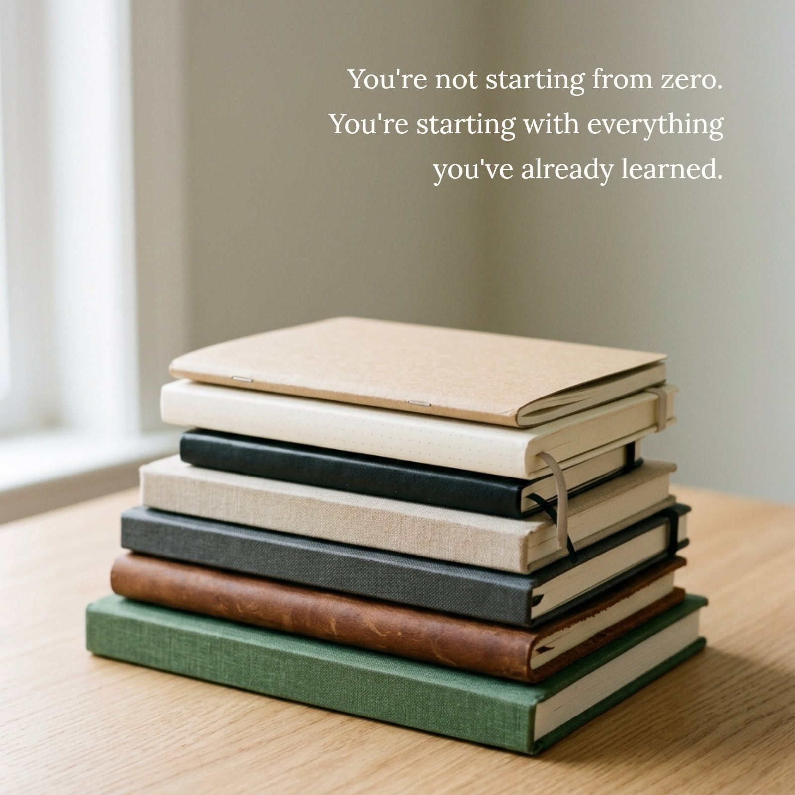 A minimalist photo of a stack of seven varied notebooks on a wooden desk, with the quote 'You're not starting from zero. You're starting with everything you've already learned' written in elegant typography above them.
