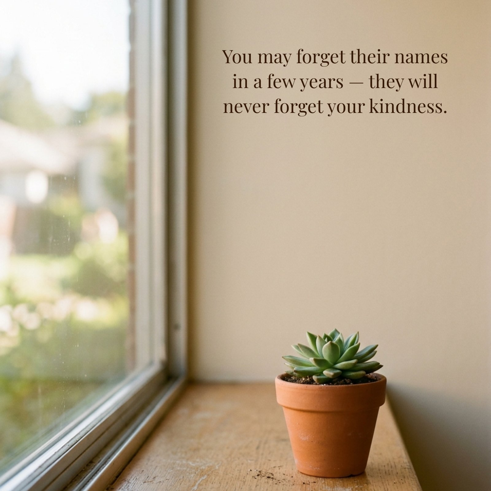 A minimalist 4:5 photograph of a single succulent in a terracotta pot on a wooden windowsill. Soft natural light illuminates the plant. On the large beige wall space, the quote "You may forget their names in a few years — they will never forget your kindness" is written in a simple font.