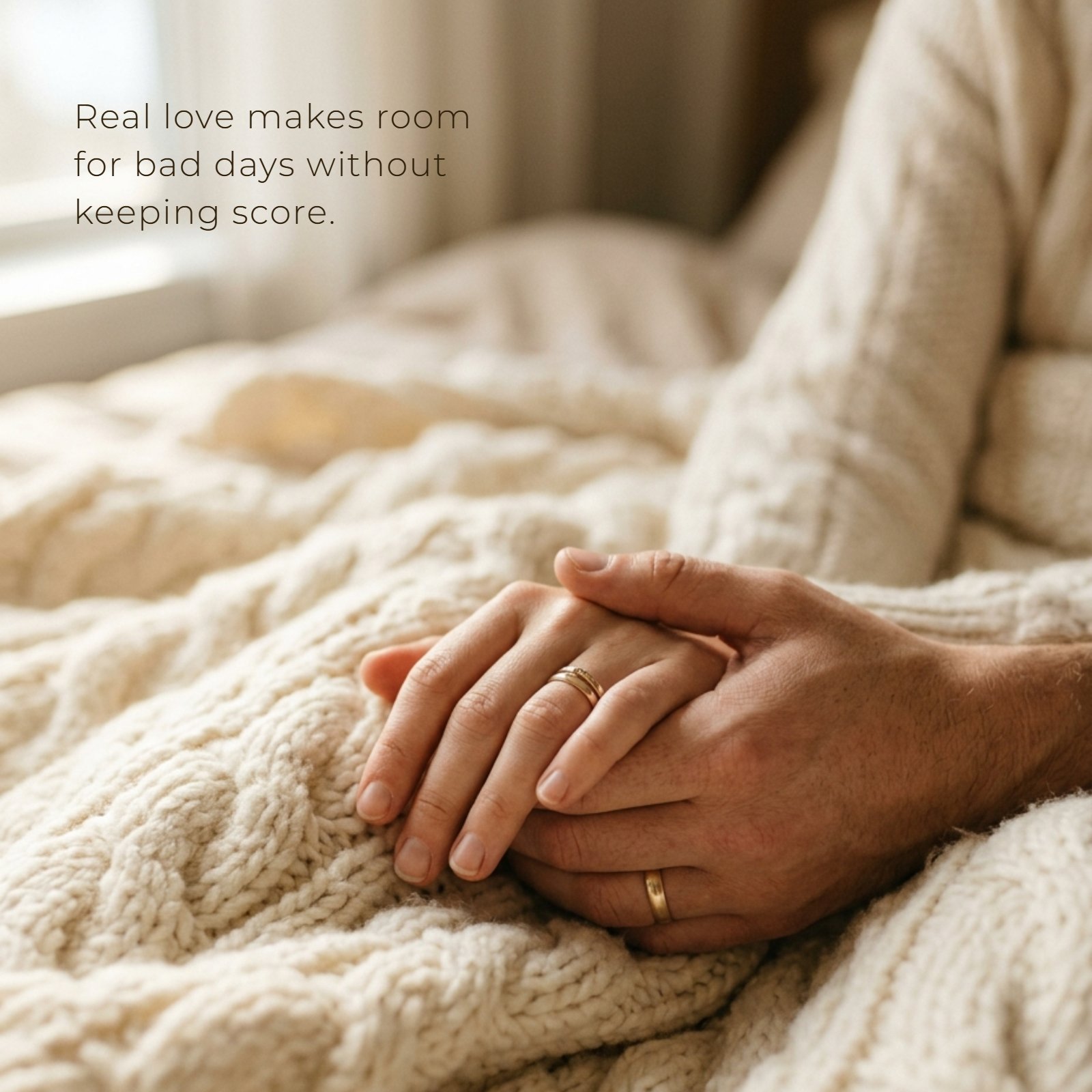A close-up photograph of two hands with wedding bands holding each other gently on a textured white knit blanket, featuring the quote Real love makes room for bad days without keeping score.