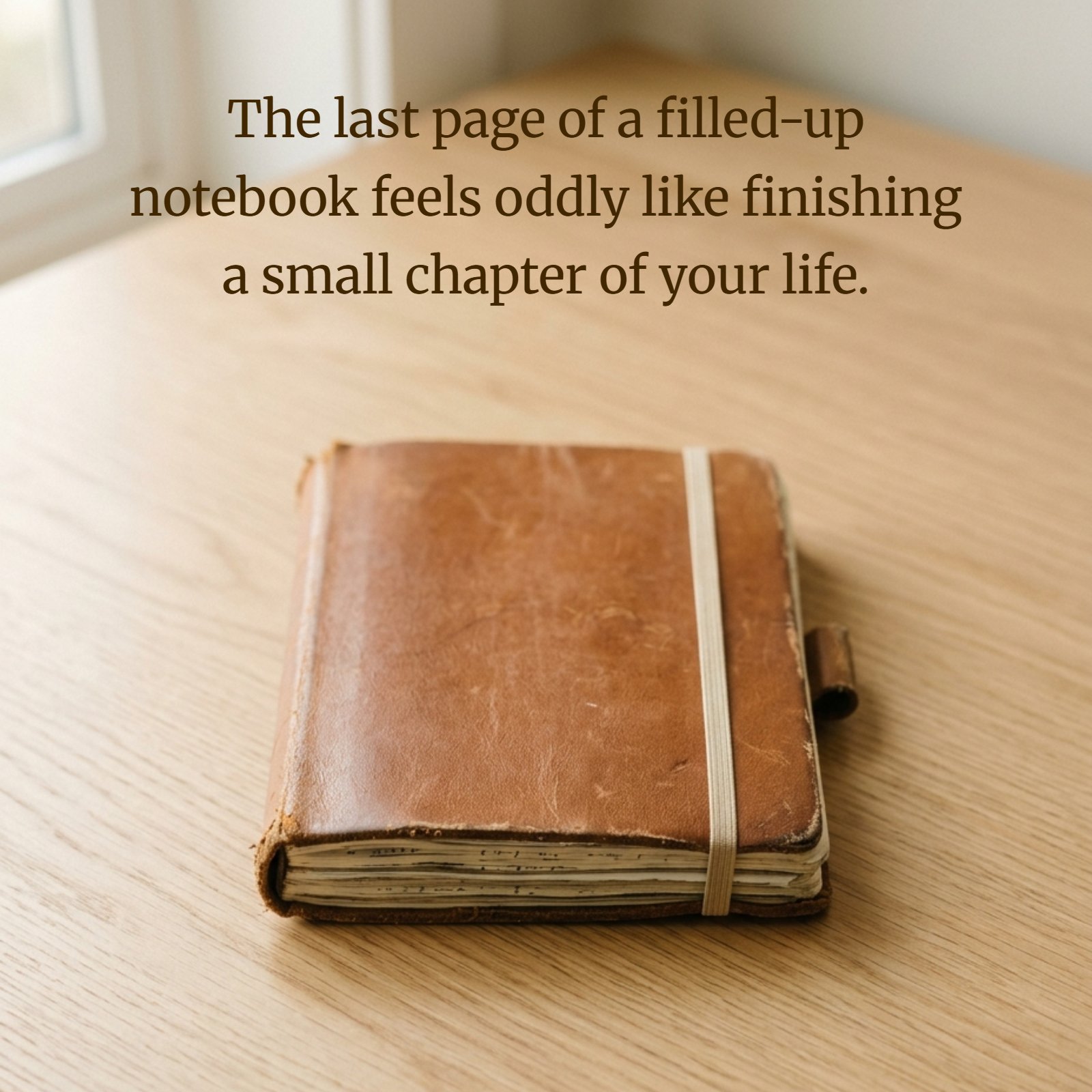 A photo of a rustic, closed leather notebook sitting on a light wooden desk, with soft light from a window, overlaid with a contemplative quote.
