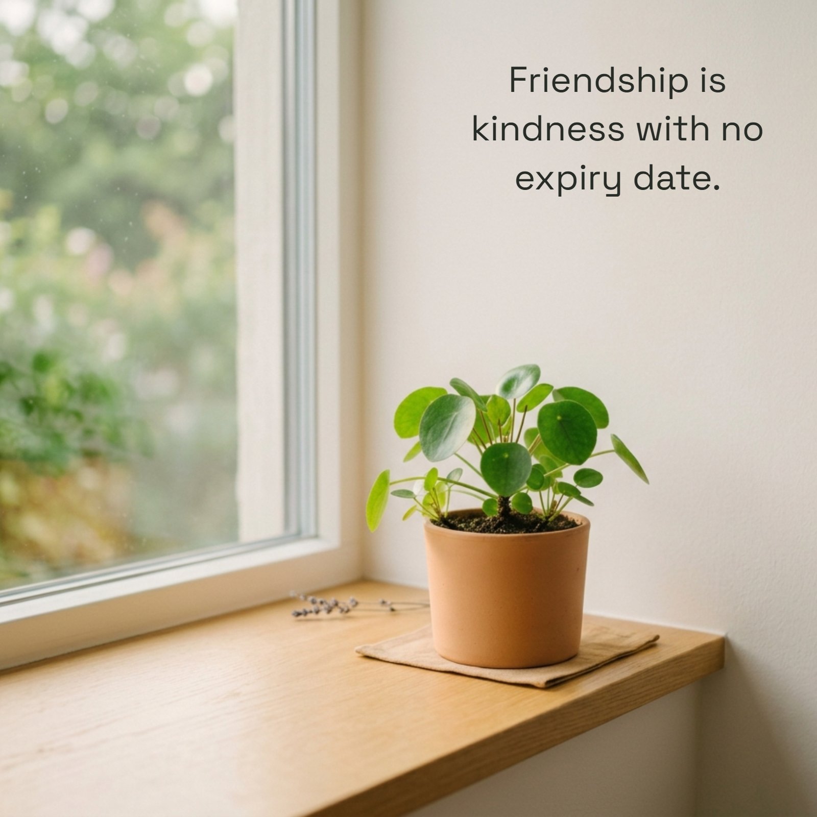 Minimalist photo of a thriving potted pilea plant on a wooden windowsill in soft light, featuring the quote, "Friendship is kindness with no expiry date."