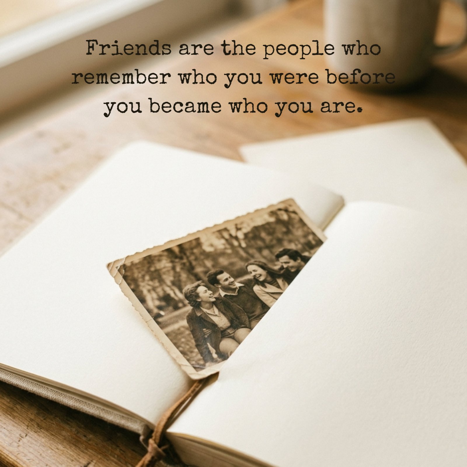 A nostalgic vintage sepia photo of four happy friends in a park is nestled inside an open, blank journal, illustrating the quote 'Friends are the people who remember who you were before you became who you are.'