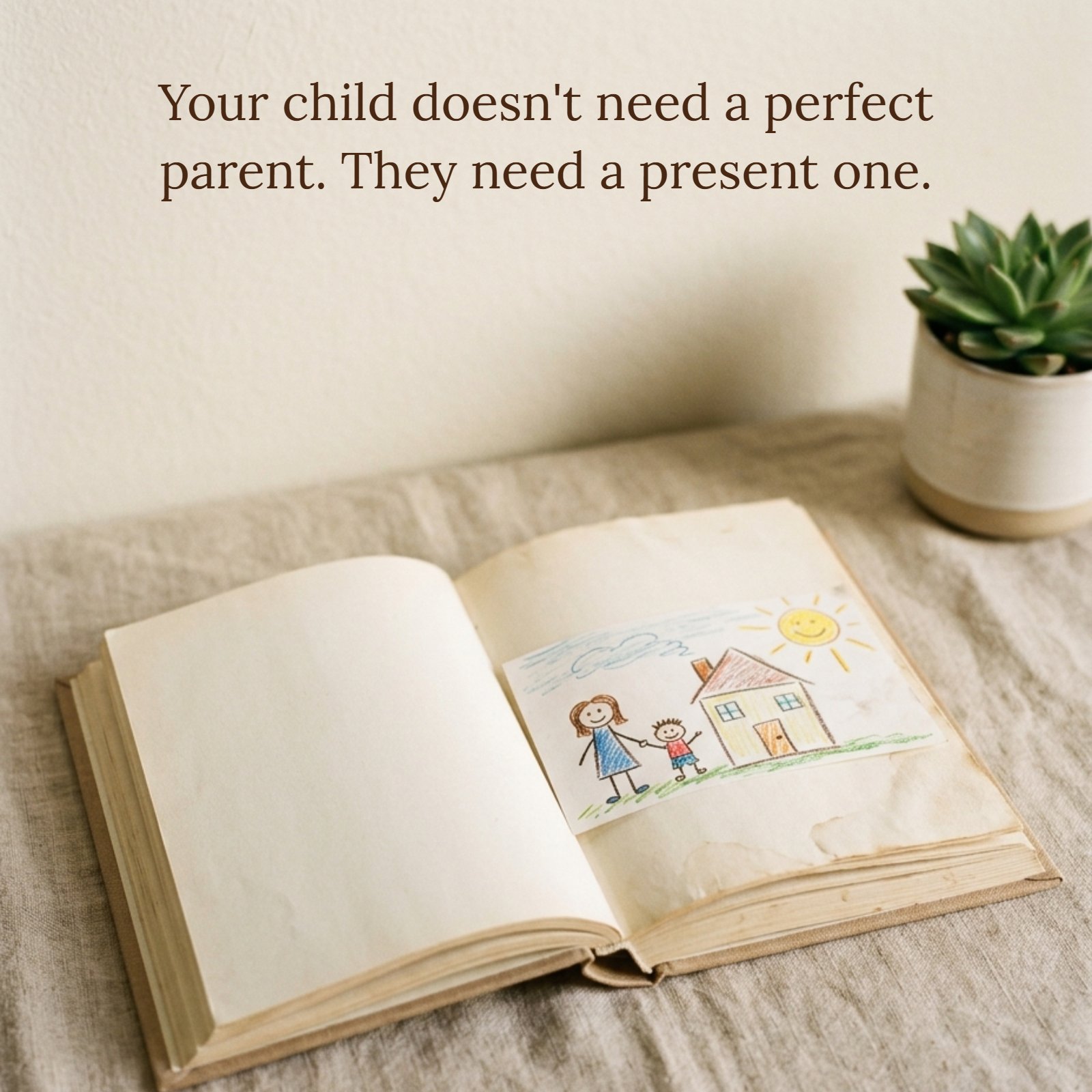 A minimalist photograph of an open vintage book on a linen surface with a simple child's drawing and the inspirational quote: "Your child doesn't need a perfect parent. They need a present one."