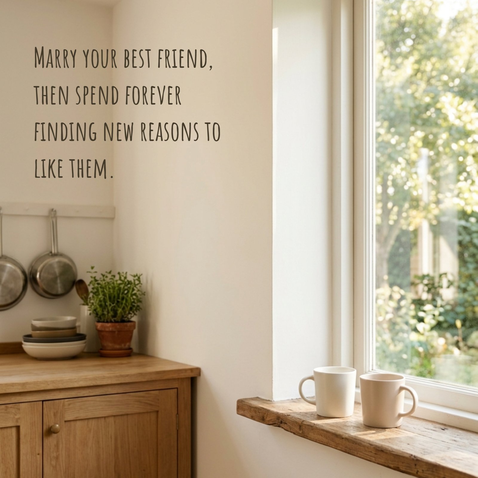 A warm, bright morning kitchen corner where two plain mugs sit on a rustic wooden windowsill, bathed in natural sunlight from a window looking out at green trees. A quote is written in a dark, slightly textured font on the large pale wall to the left that says, 'Marry your best friend, then spend forever finding new reasons to like them.'