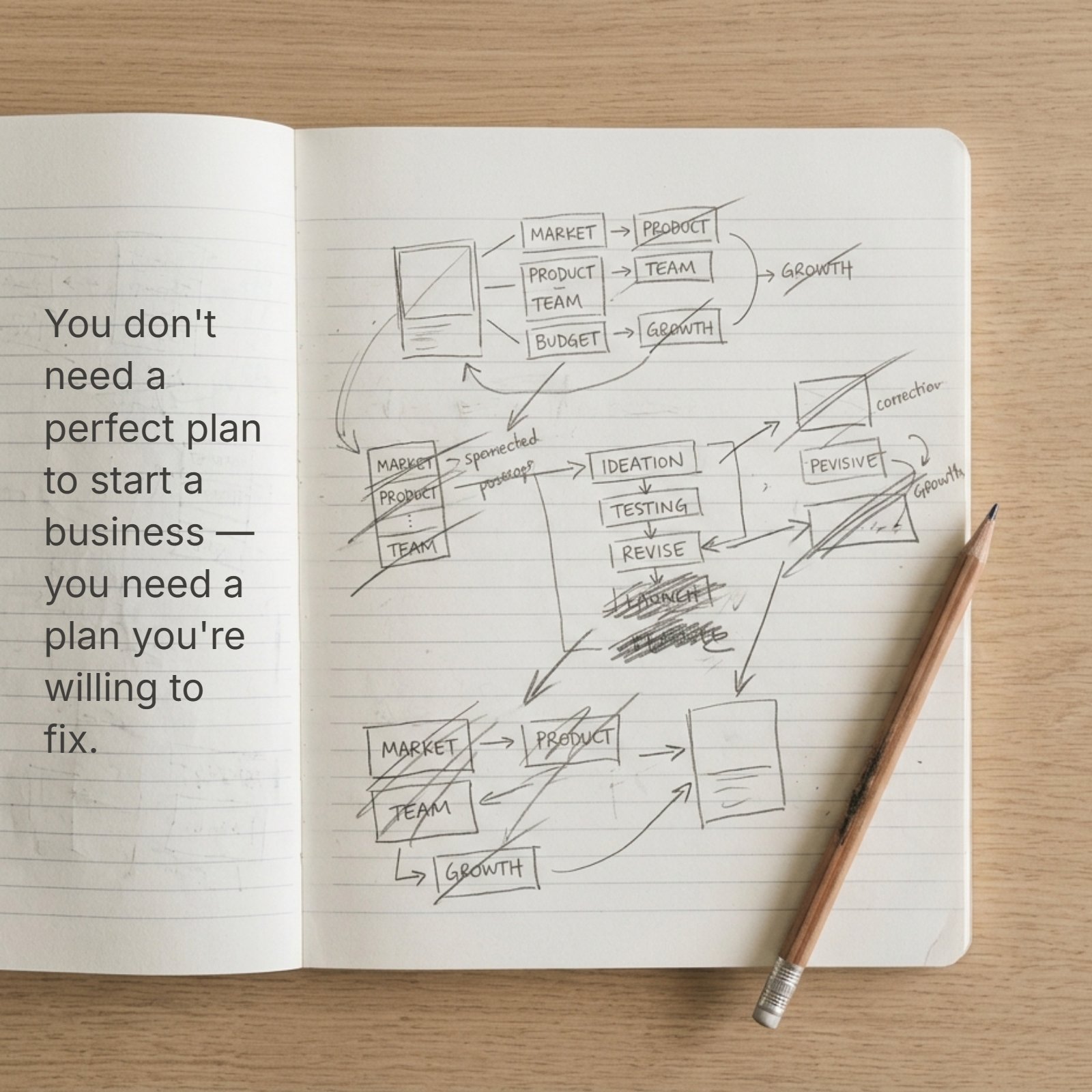 An open lined journal rests on a wooden desk with a wooden pencil beside it. The notebook page contains hand-drawn pencil diagrams and flowcharts about 'Market', 'Product', and 'Growth' with many lines and words crossed out, showing a process of revision. Overlaid on the page is the text quote: 'You don't need a perfect plan to start a business — you need a plan you're willing to fix.'
