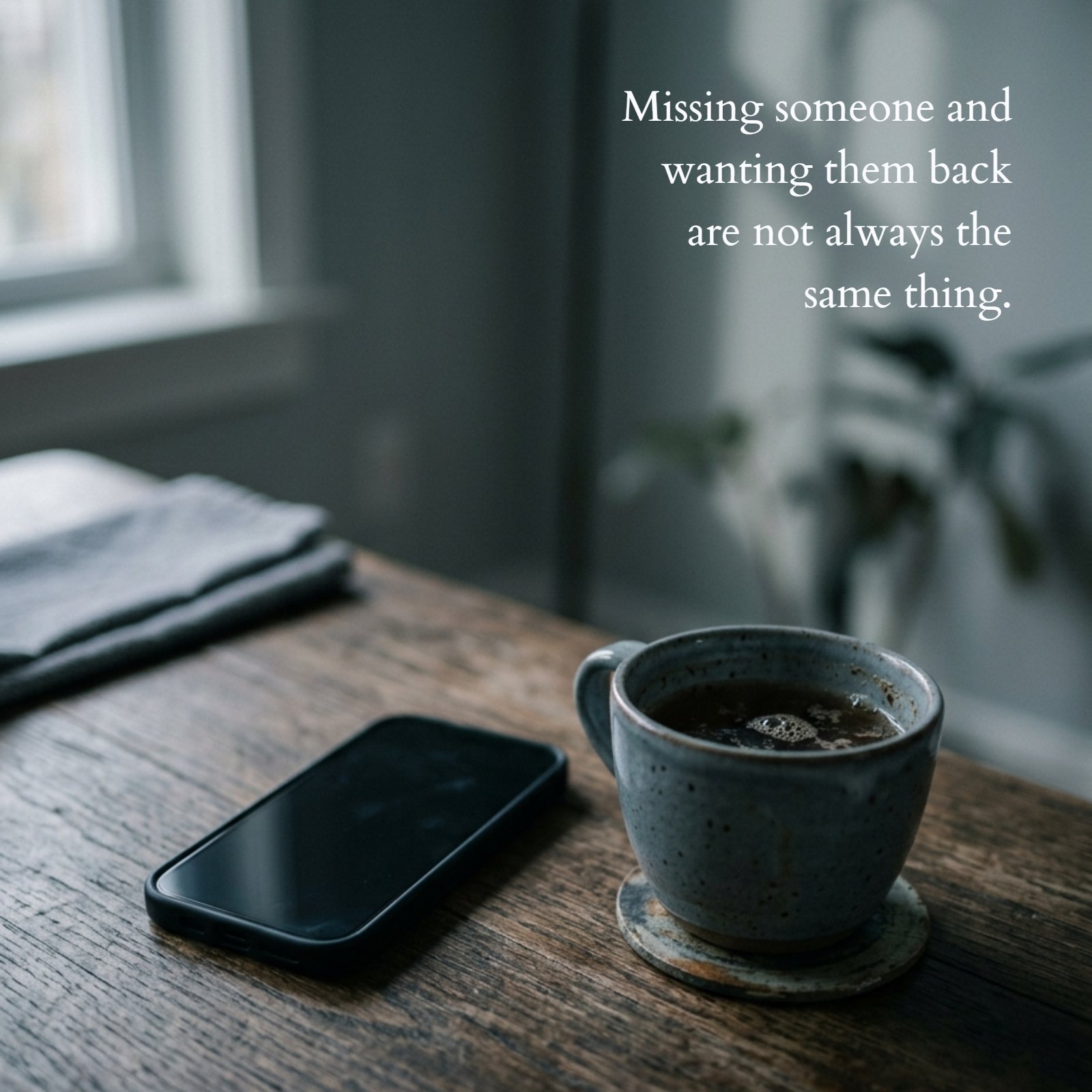 A still-life photograph with a contemplative, soft-focus mood, showing a smartphone face-down on a wooden table next to a cup of cold tea, capturing the feeling of loneliness.