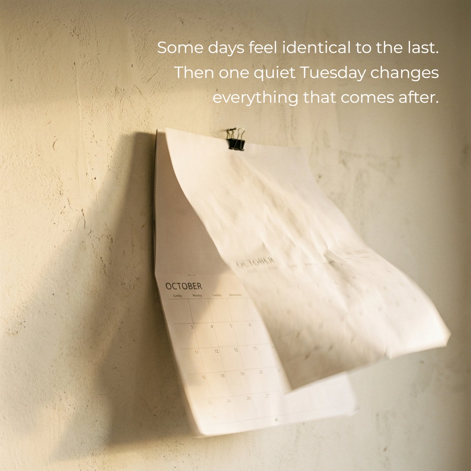A minimalist photo of a blank white calendar page lifting in a sudden gust of wind against a warm, textured plaster wall, illustrating the inspirational quote: Some days feel identical to the last. Then one quiet Tuesday changes everything that comes after.