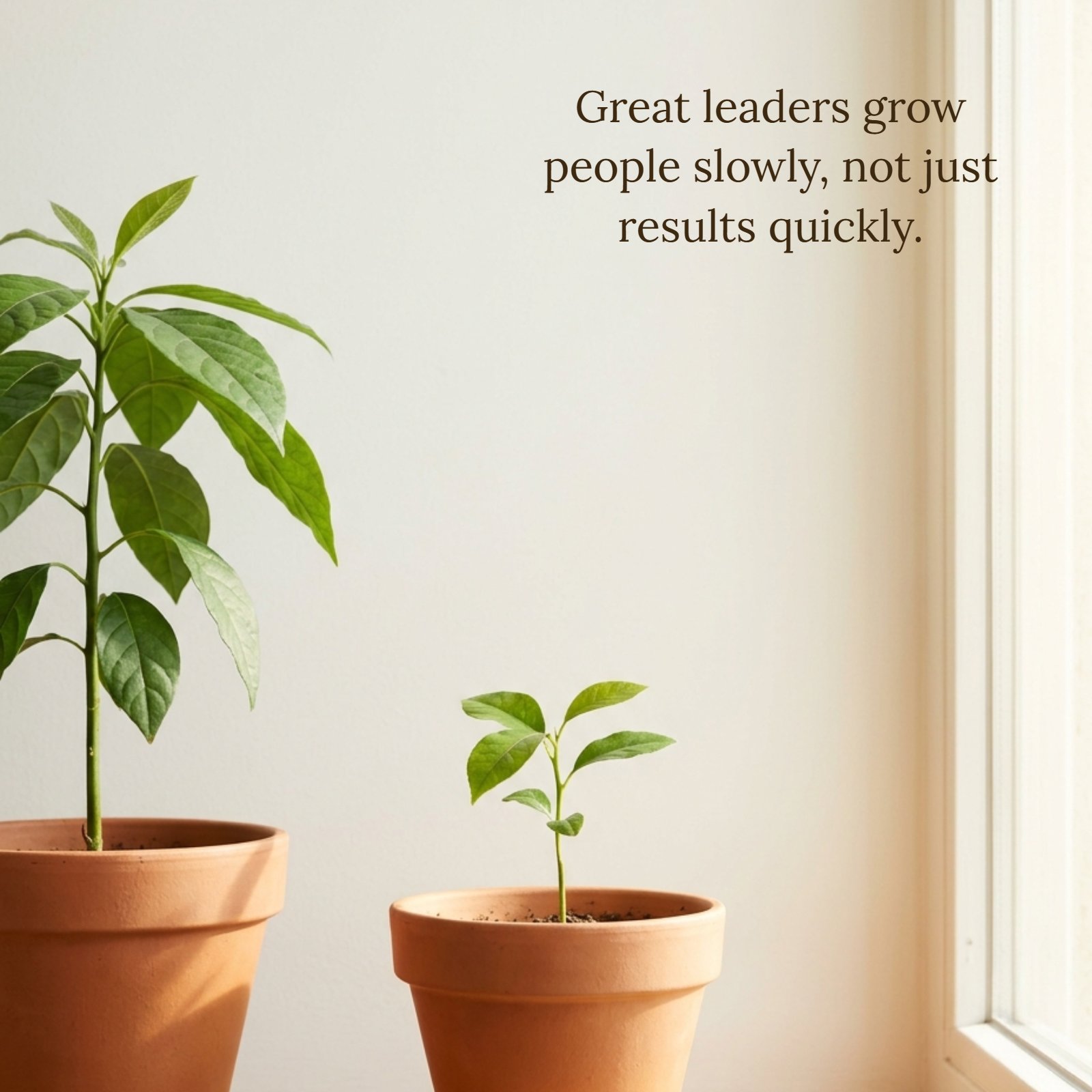 A minimalist photo showing a small plant sapling growing in a pot beside a taller plant, with a large negative space above and the overlay text: 'Great leaders grow people slowly, not just results quickly.'
