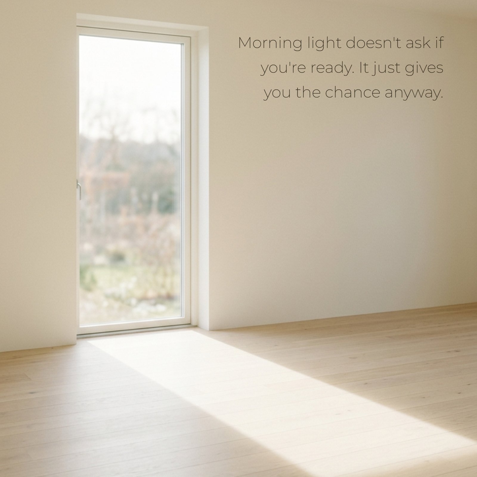 minimalist photo of sunlight through window on empty floor with quote text